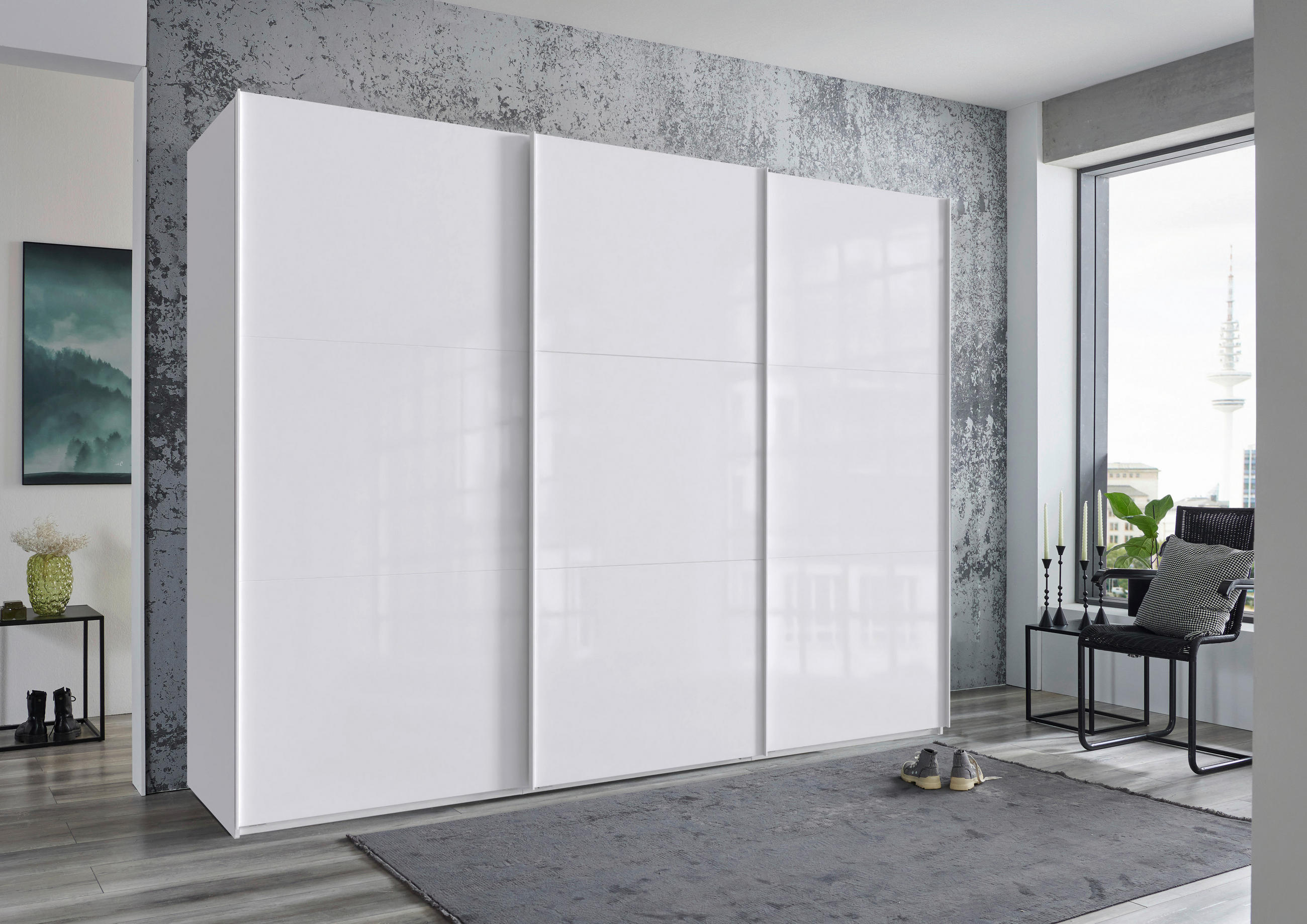 OMARA Z DRSNIMI VRATI, bela, bela, visoki sijaj  - bela/visoki sijaj, Moderno, kovina/leseni material (300/216/65cm) - Hom`in