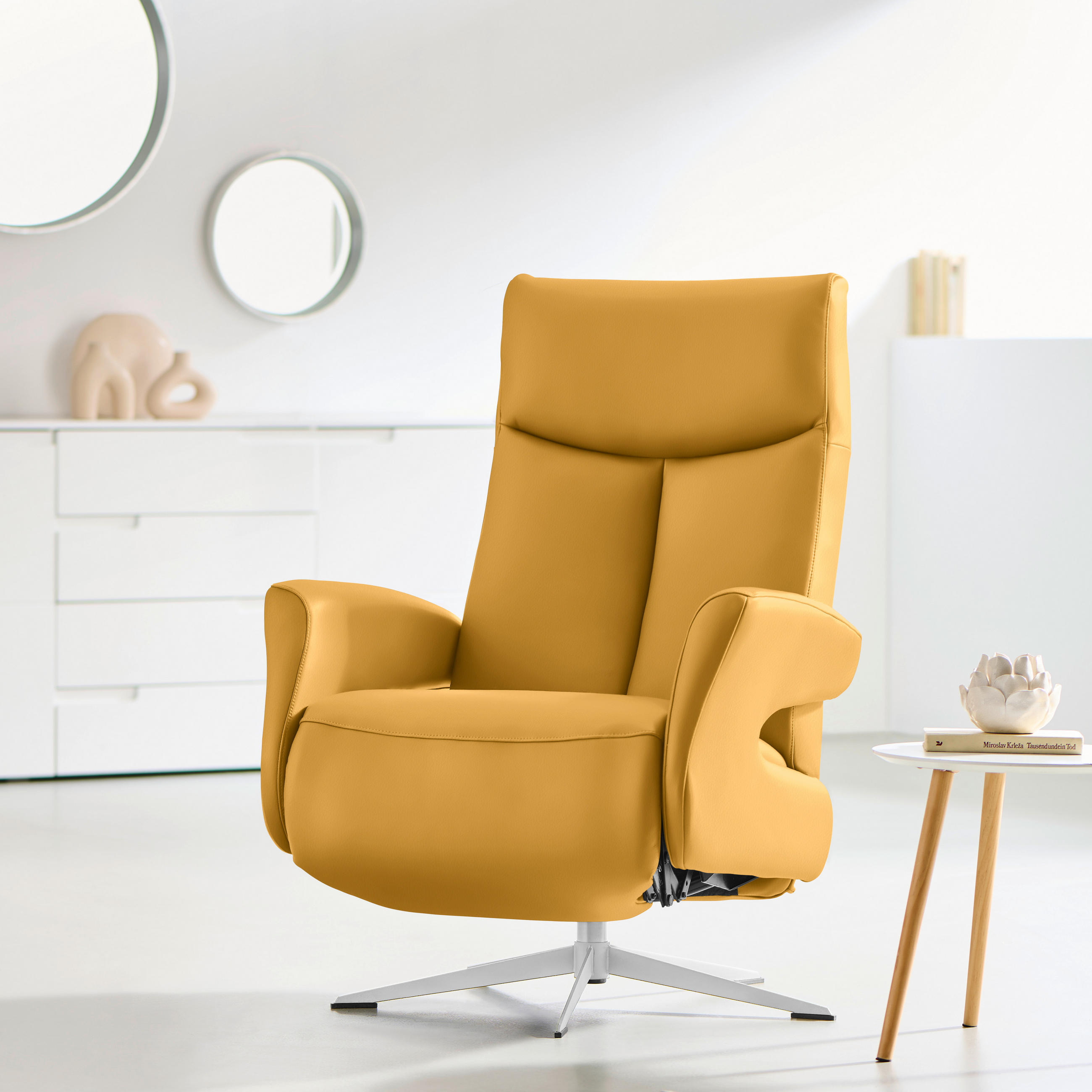 RELAXSESSEL Echtleder Relaxfunktion    - Chromfarben/Gelb, Design, Leder/Metall (74/105/82cm) - Welnova