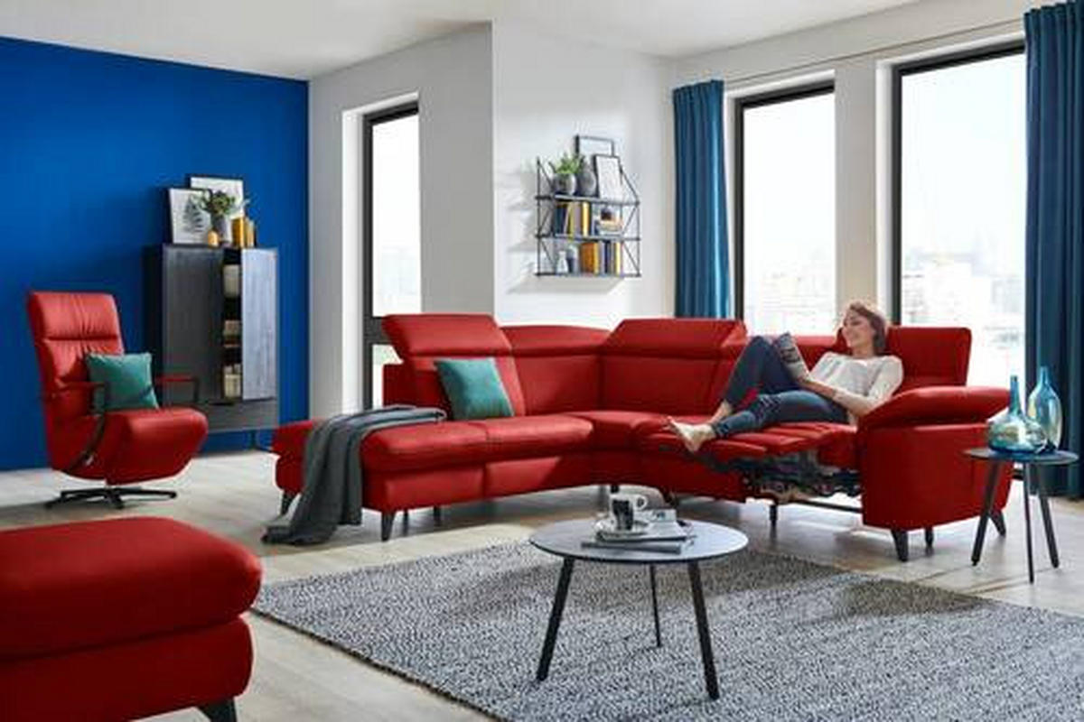ECKSOFA in Echtleder Rot  - Rot/Schwarz, Design, Leder/Metall (239/285cm) - Cantus
