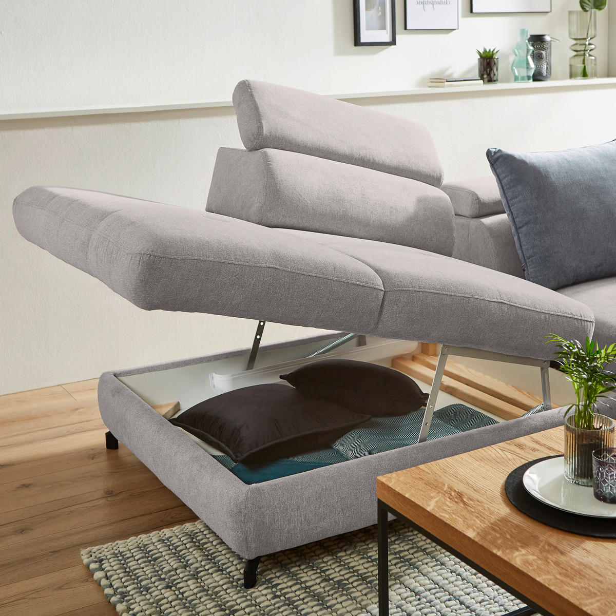 ECKSOFA in Webstoff Grau, Hellgrau  - Hellgrau/Schwarz, Design, Textil/Metall (237/277cm) - Stylife
