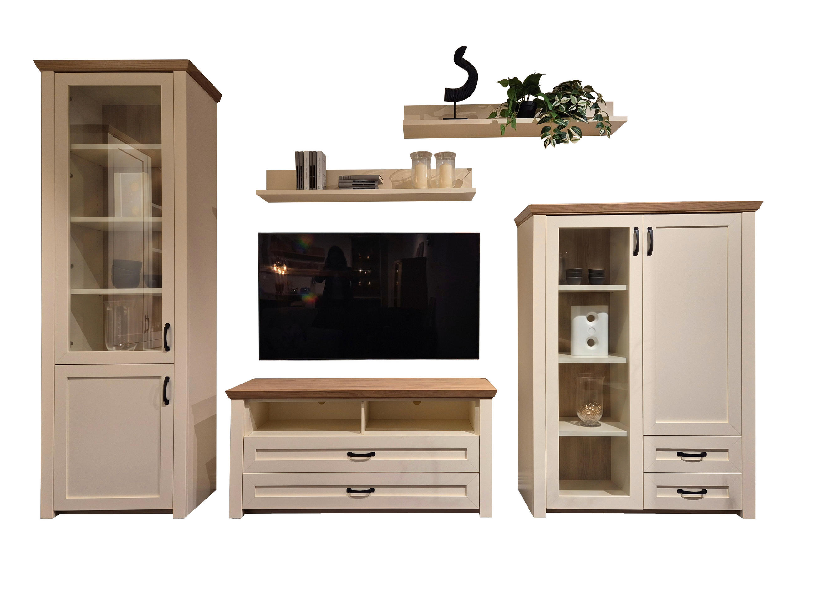 WOHNWAND 5-teilig  in Creme, Eichefarben  373/220/43 cm  - Eichefarben/Creme, LIFESTYLE, Glas/Holz (373/220/43cm) - Landscape