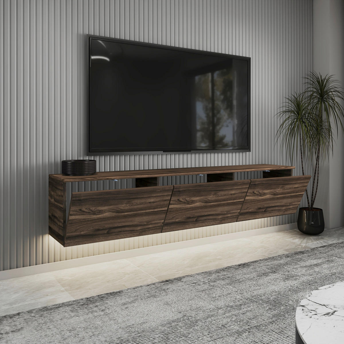 LOWBOARD Neon TV-Möbel 160/35/32 cm  hängend, Beleuchtung  - Eichefarben/Nussbaumfarben, Design, Holzwerkstoff (160/35/32cm) - Livetastic