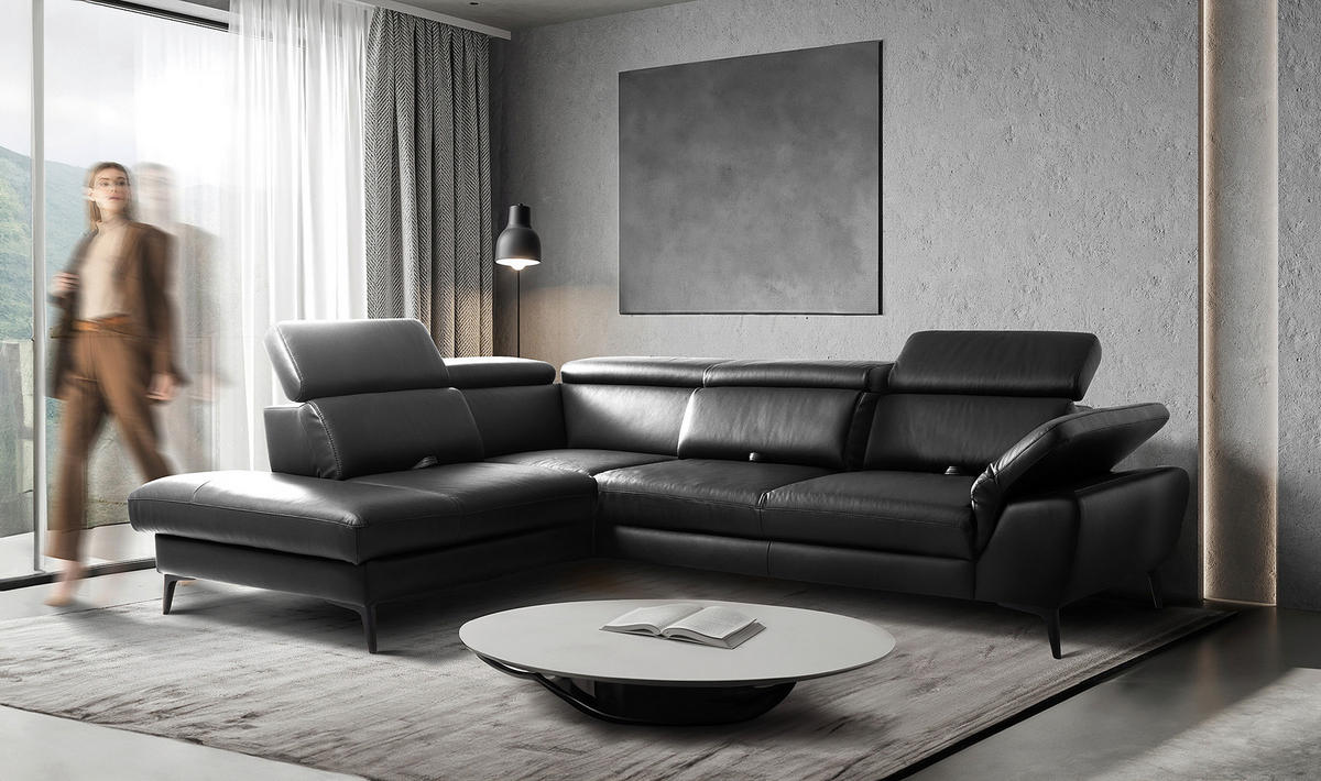 ECKSOFA  in Lederlook Echtleder Schwarz  220/274 cm  - Schwarz, Design, Leder/Textil (220/274cm) - Livetastic