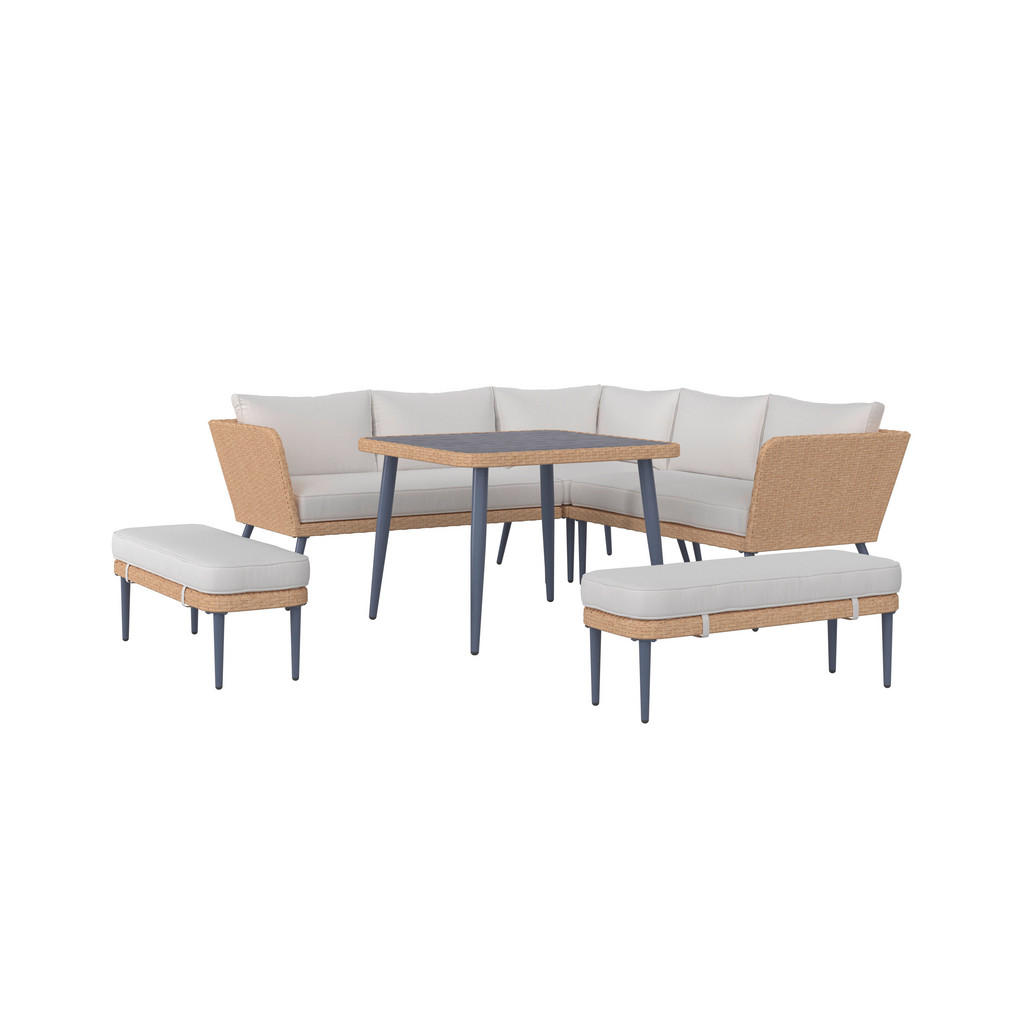 Thumbnail - Ambia Garden Dining-Loungeset, Natur, Hellgrau, Dunkelgrau, Metall, Kunststoff, Textil, 6-teilig, Füllung: Schaumstoff,P...