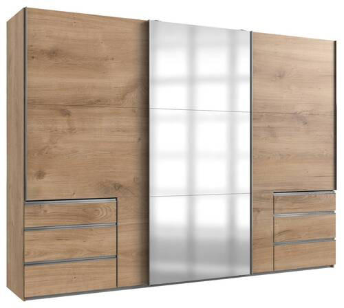 SCHWEBETÜRENSCHRANK 300/216/65 cm 3-türig Eichefarben  - Chromfarben/Eichefarben, MODERN, Glas/Holzwerkstoff (300/216/65cm) - MID.YOU