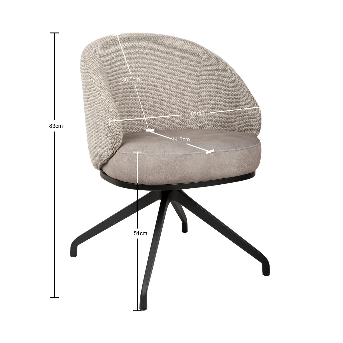 ARMLEHNSTUHL  Typenauswahl, Sitzfläche 360° drehbar, automatische Rückholfunktion Chenille, Flanell  - Taupe/Schwarz, Design, Textil/Metall (61/83/60cm) - Novel