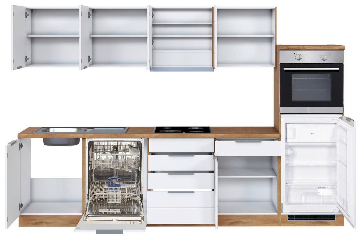 KÜCHENBLOCK 300 cm   Weiss, Eiche Wotan  - Weiss/Eiche Wotan, Design, Holzwerkstoff/Metall (300cm) - Held