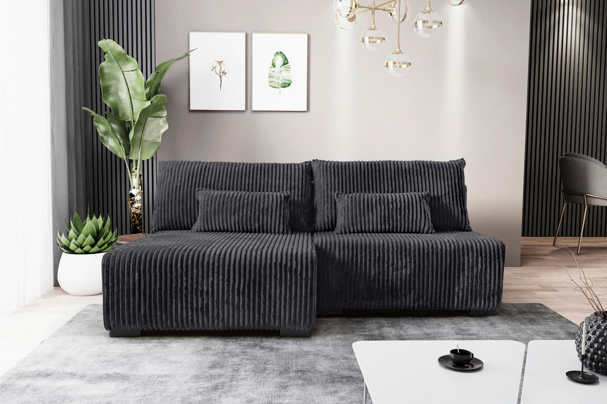 ECKSOFA in Cord Schwarz  - Schwarz, Modern, Holz/Textil (145/210cm) - MID.YOU