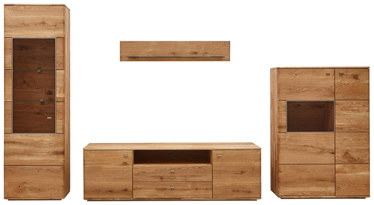 WOHNWAND  in Eichefarben  350/201/48 cm  - Eichefarben/Silberfarben, KONVENTIONELL, Glas/Holz (350/201/48cm) - Linea Natura