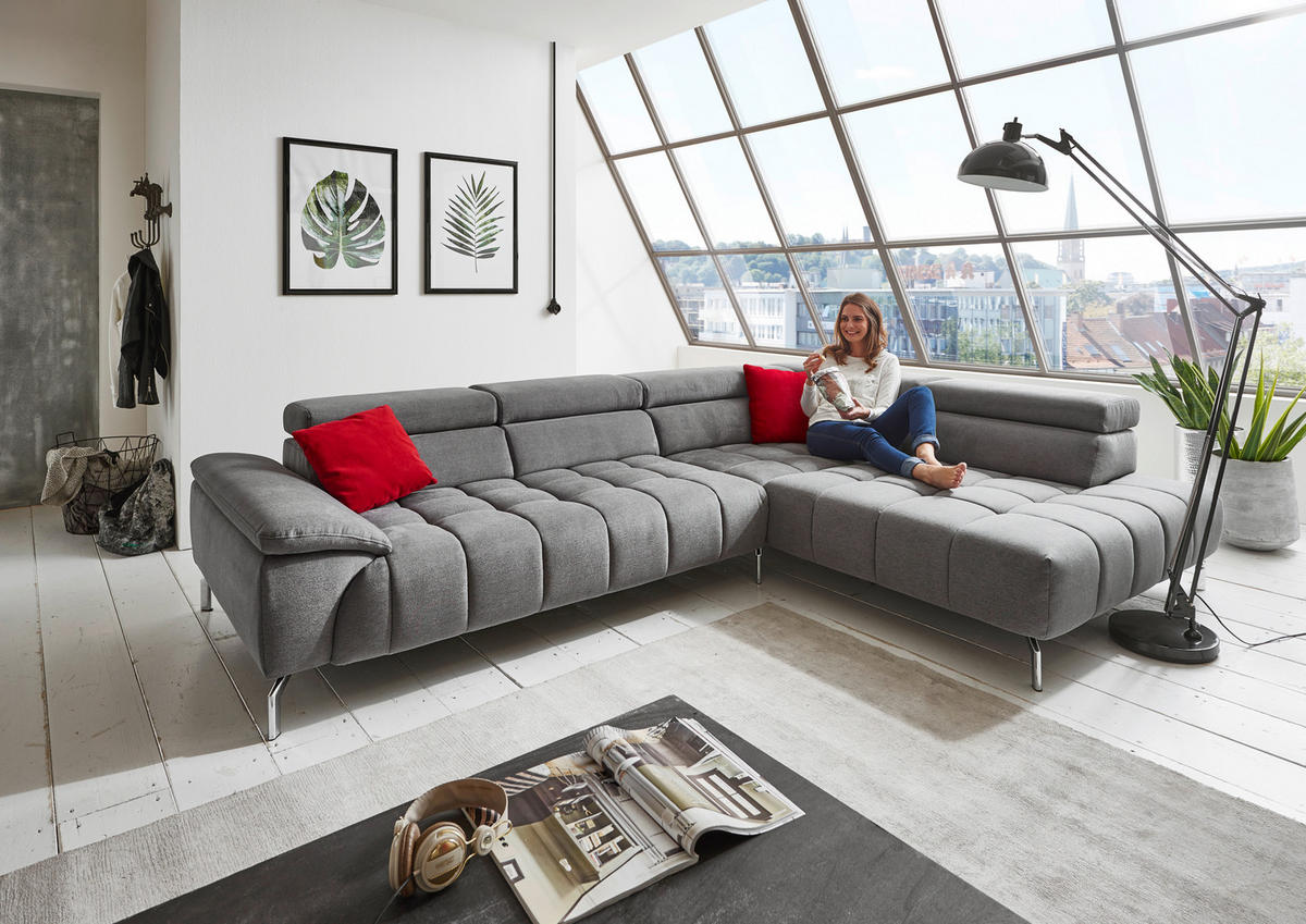 ECKSOFA Grau Chenille  - Chromfarben/Grau, Design, Textil/Metall (323/222cm) - Beldomo Style