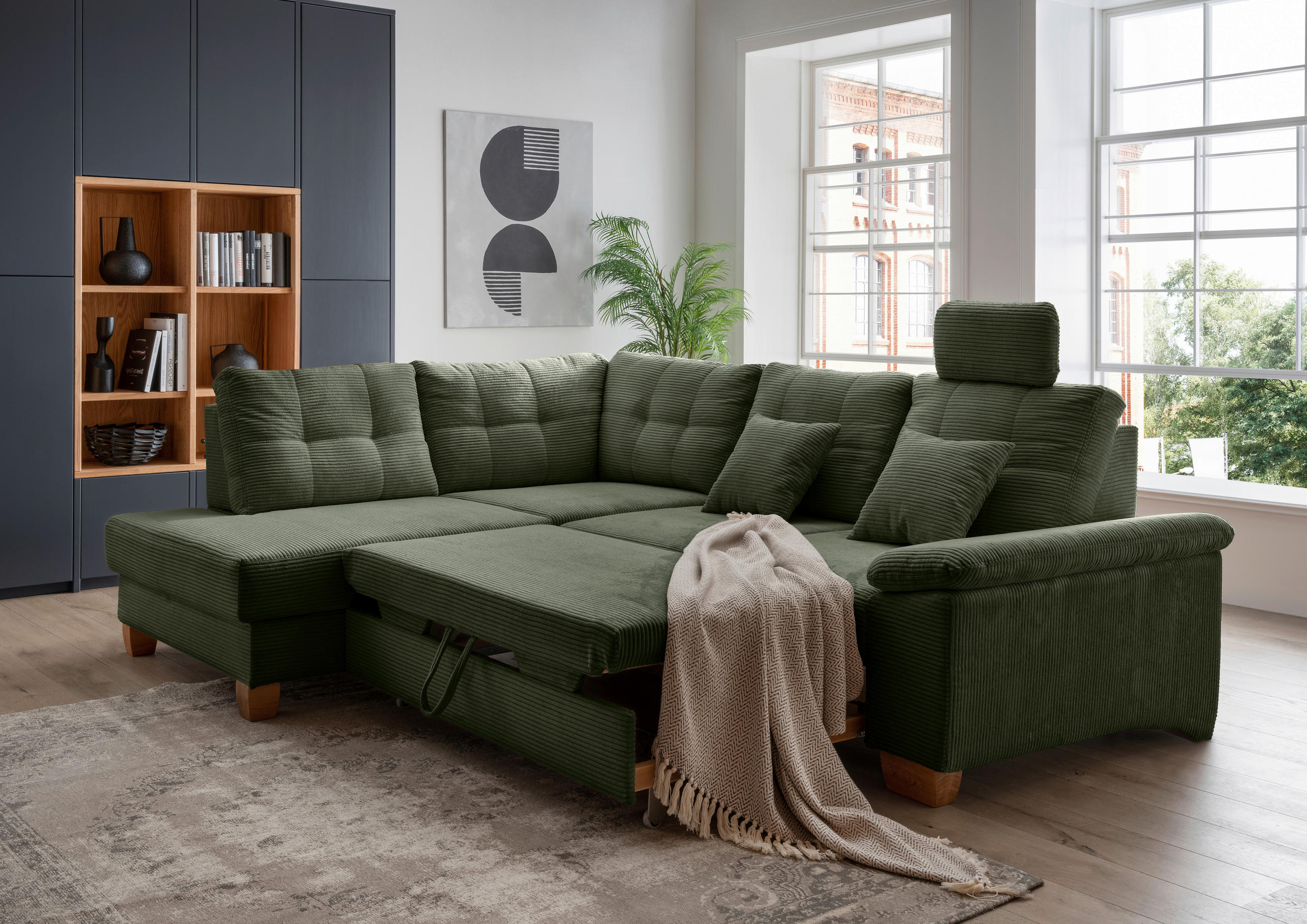 ECKSOFA Dunkelgrün Cord  - Dunkelgrün/Naturfarben, MODERN, Holz/Textil (206/274cm) - Livetastic