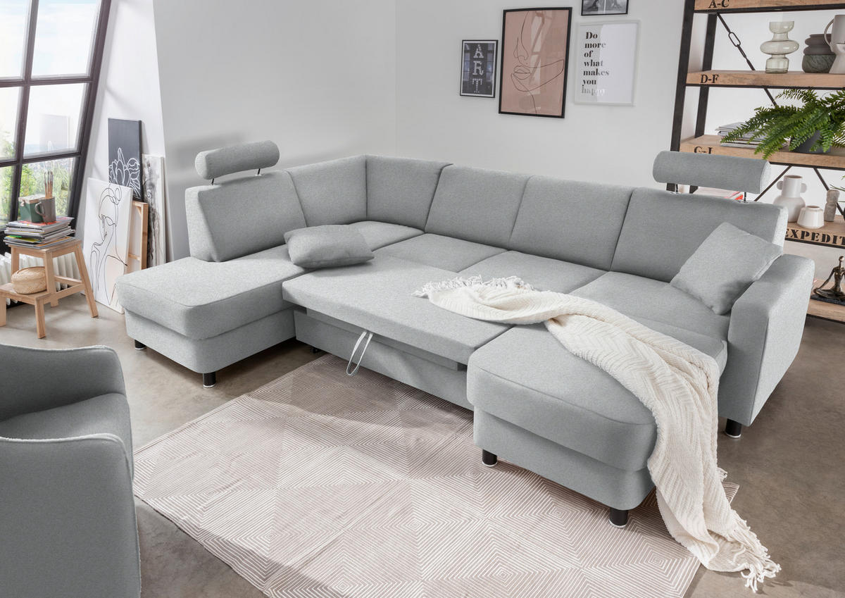 WOHNLANDSCHAFT in Webstoff Hellgrau  - Hellgrau/Schwarz, Design, Holz/Textil (198/296/165cm) - Xora