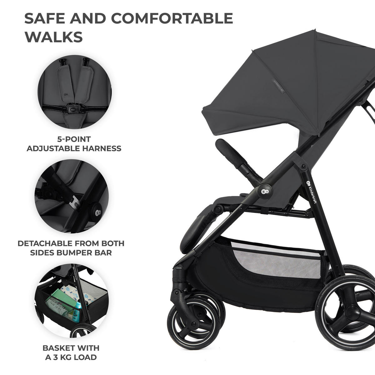 BUGGY Trig 3  - Schwarz/Grau, Basics (54/107.5/91cm) - kinderkraft