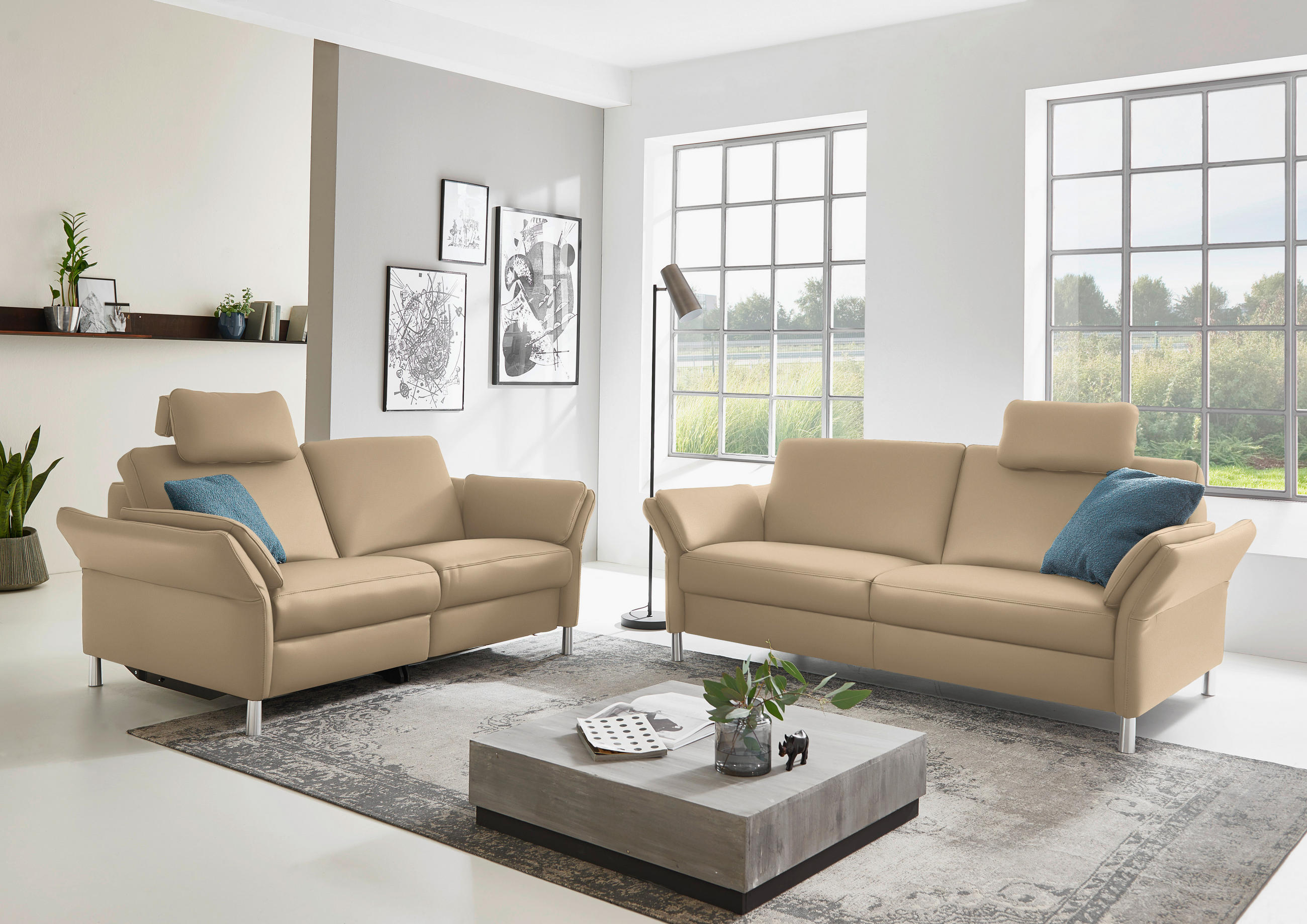 2,5-SITZER in Leder Beige - Beige/Alufarben, Design, Leder/Metall (164/82/99cm) - Dieter Knoll