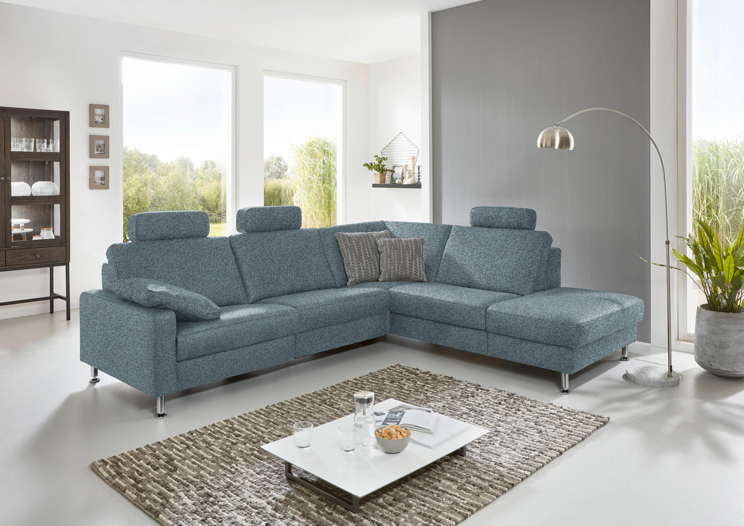 ECKSOFA in Mikrofaser Blau  - Blau/Alufarben, Design, Textil/Metall (275/242cm) - Dieter Knoll