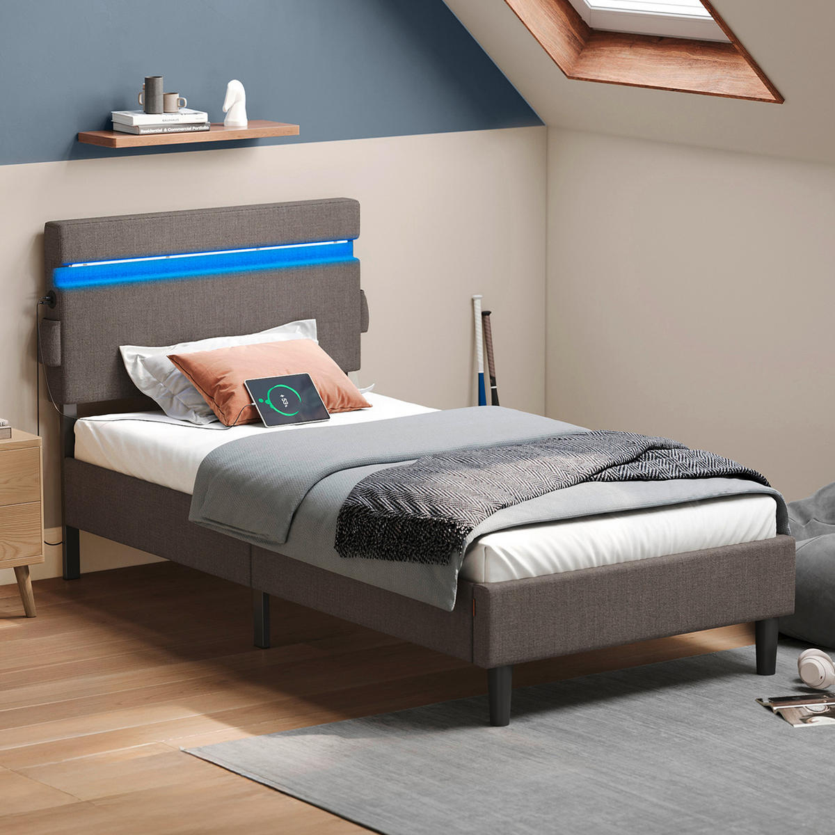 POLSTERBETT 90/200 cm,  in Dunkelgrau, Beleuchtung, Betttasche, Lattenroste, Befestigungsmaterial,  - Dunkelgrau/Schwarz, Basics, Holz/Textil (90/200cm) - Boxxx