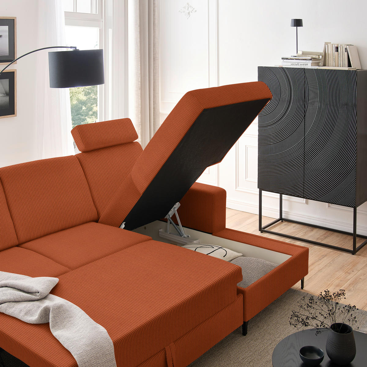 ECKSOFA in Cord Cognac  - Cognac/Schwarz, Konventionell, Textil/Metall (247/167cm) - Stylife