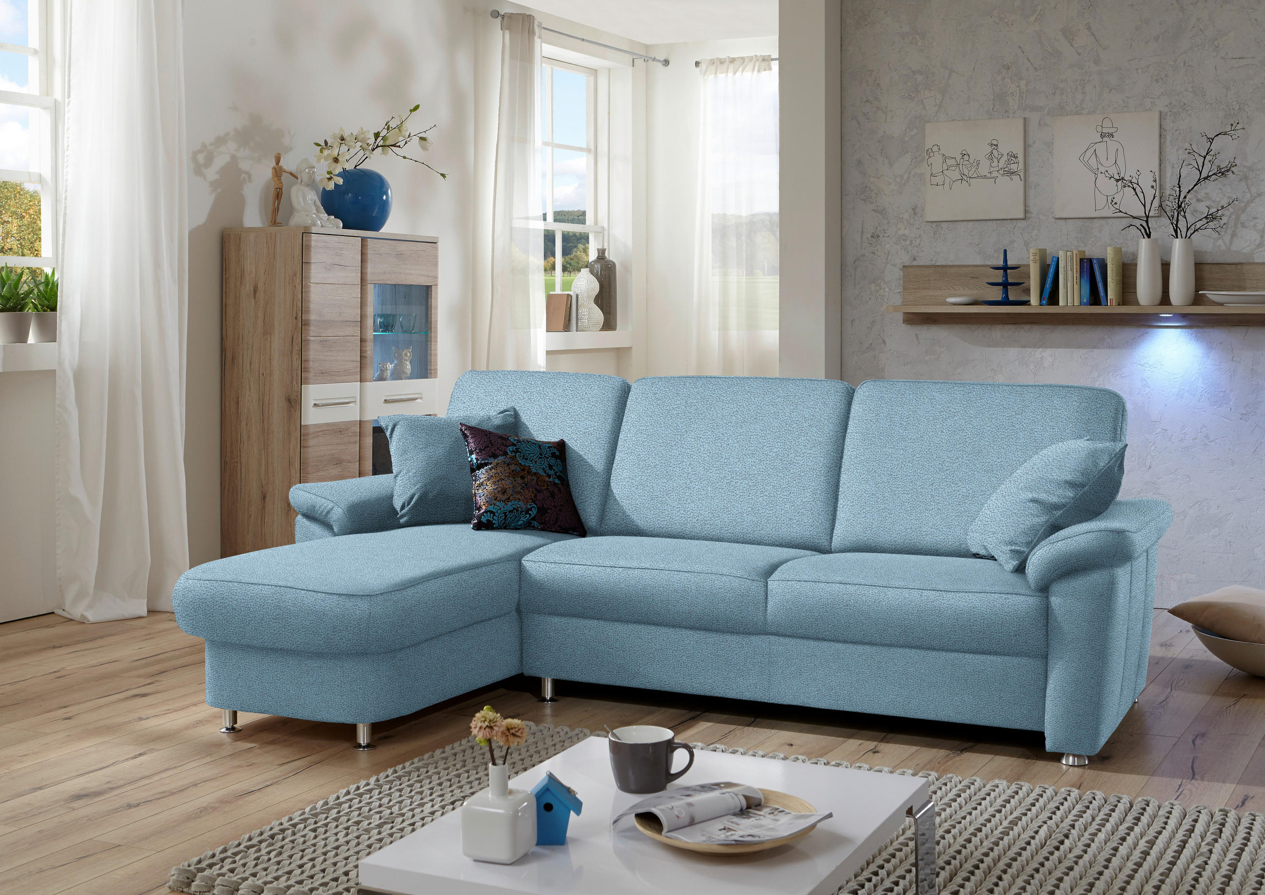ECKSOFA in Flachgewebe Hellblau  - Chromfarben/Hellblau, Konventionell, Textil/Metall (163/250cm) - Beldomo System