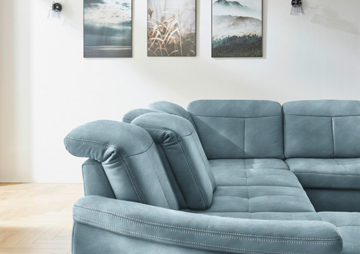 WOHNLANDSCHAFT in Mikrofaser Hellblau  - Wildeiche/Beige, Konventionell, Holz/Textil (185/343/243cm) - Voleo
