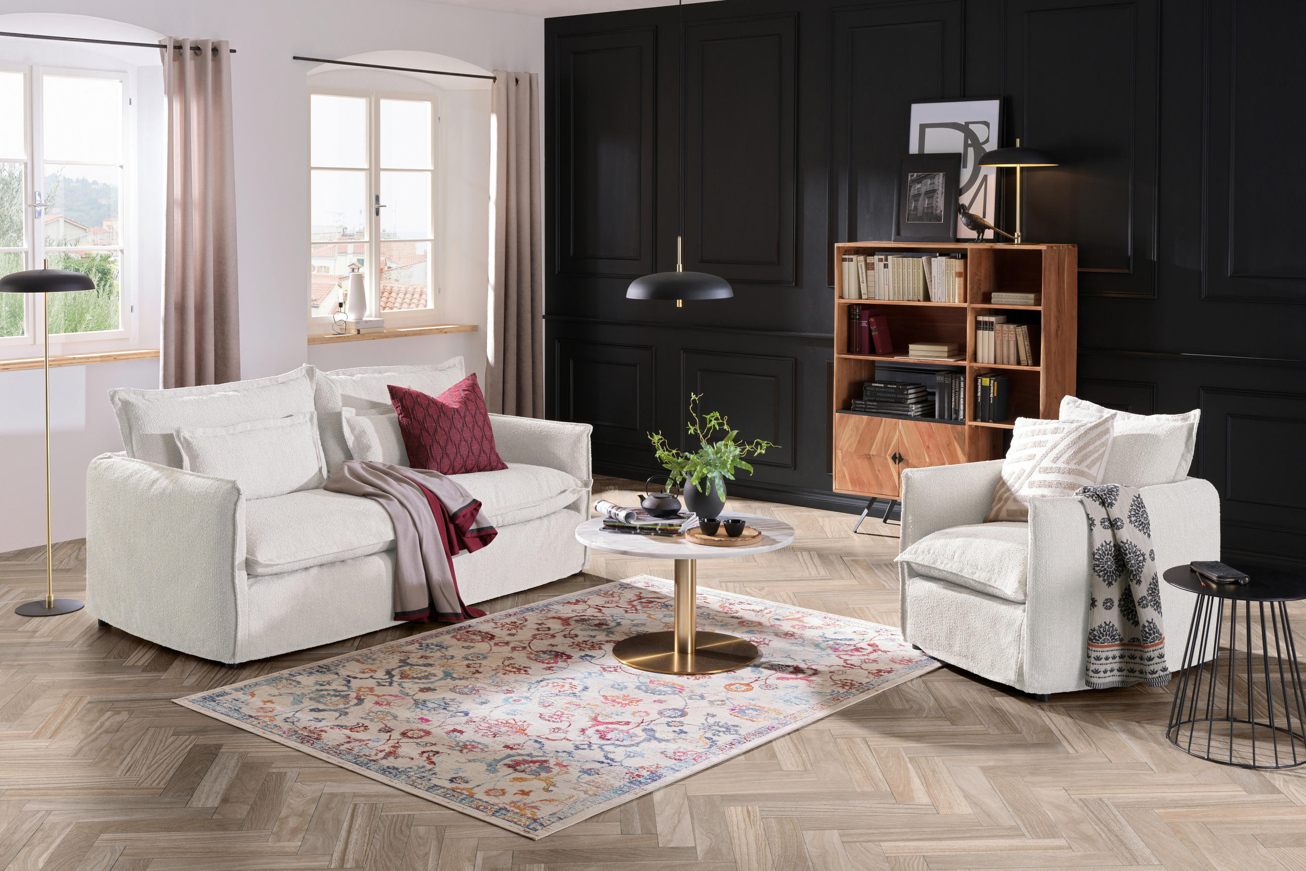 HUSSEN-SOFA in Flachgewebe, Bouclé Weiß  - Weiß, Trend, Textil/Metall (195/82/98cm) - Livetastic