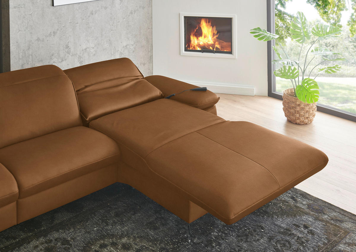 ECKSOFA  Echtleder Cognac  - Cognac/Schwarz, Design, Leder/Metall (307/169cm) - Beldomo Premium