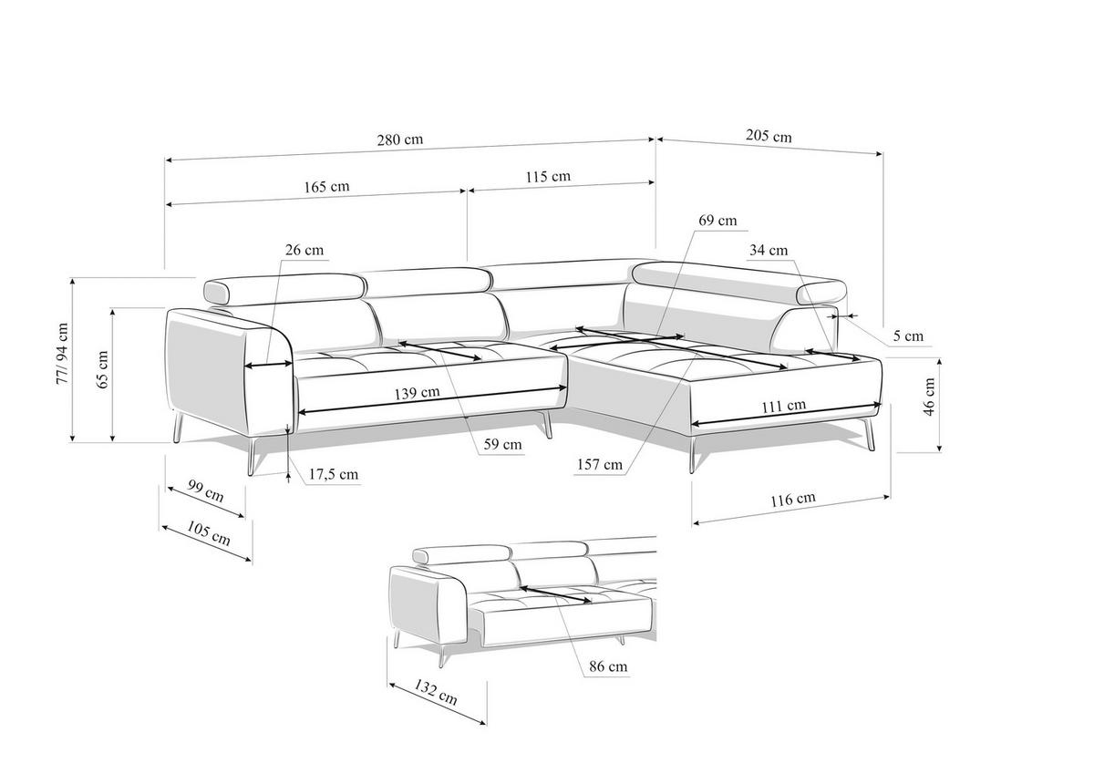 ECKSOFA in Feincord Graubraun  280/205 cm  - Graubraun/Schwarz, Design, Textil/Metall (280/205cm) - Xora