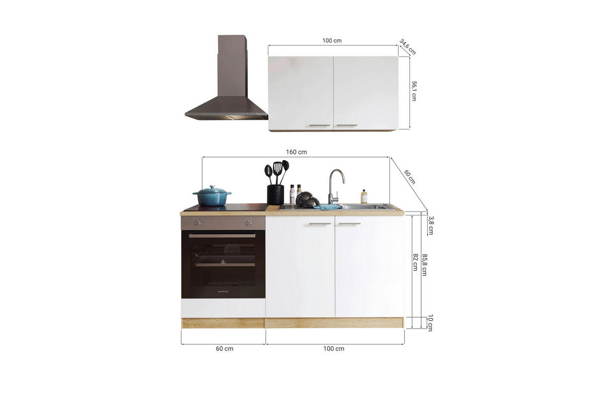 MINIKÜCHE 160 cm   in Weiß  - Eichefarben/Weiß, Design, Holzwerkstoff/Metall (160cm) - Respekta