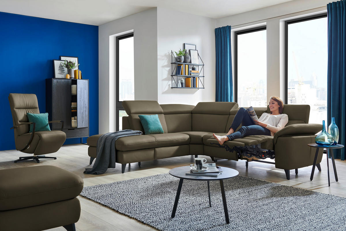 ECKSOFA in Echtleder Olivgrün  - Schwarz/Olivgrün, Design, Leder/Metall (239/285cm) - Cantus