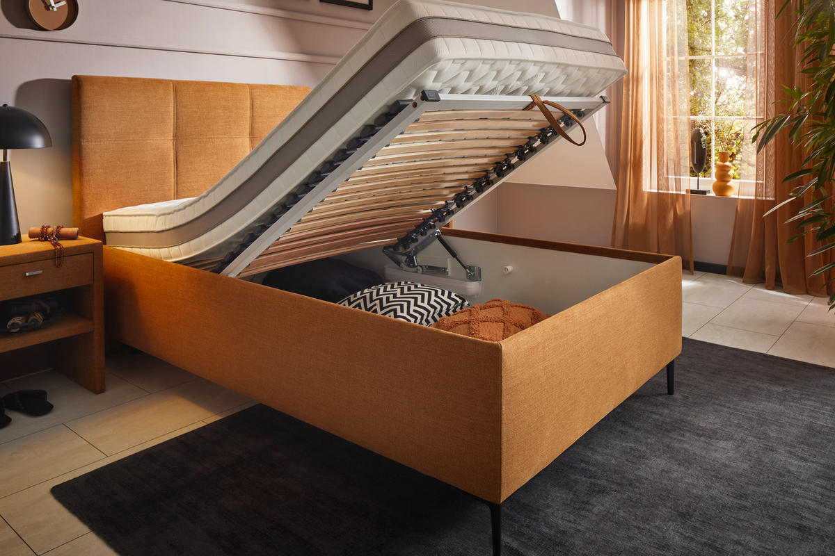 POLSTERBETT 120/200 cm, Bettkasten, Lattenroste, Matratzen,  - Senfgelb/Schwarz, Design, Holz/Textil (120/200cm) - Voleo