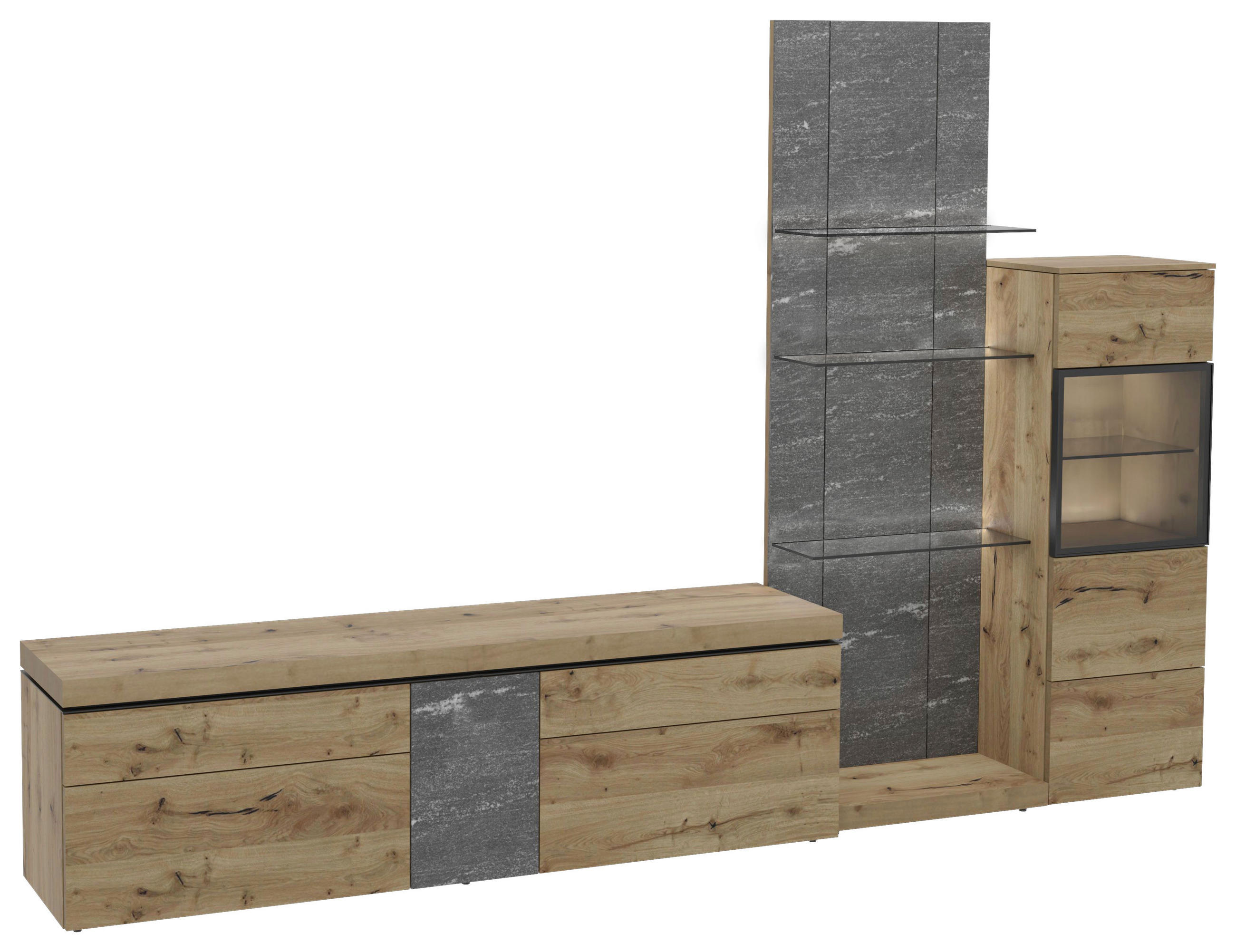 WOHNWAND 3-teilig  in Grau, Alteiche  304/202/43 cm  - Alteiche/Schwarz, Design, Glas/Holz (304/202/43cm) - Voglauer