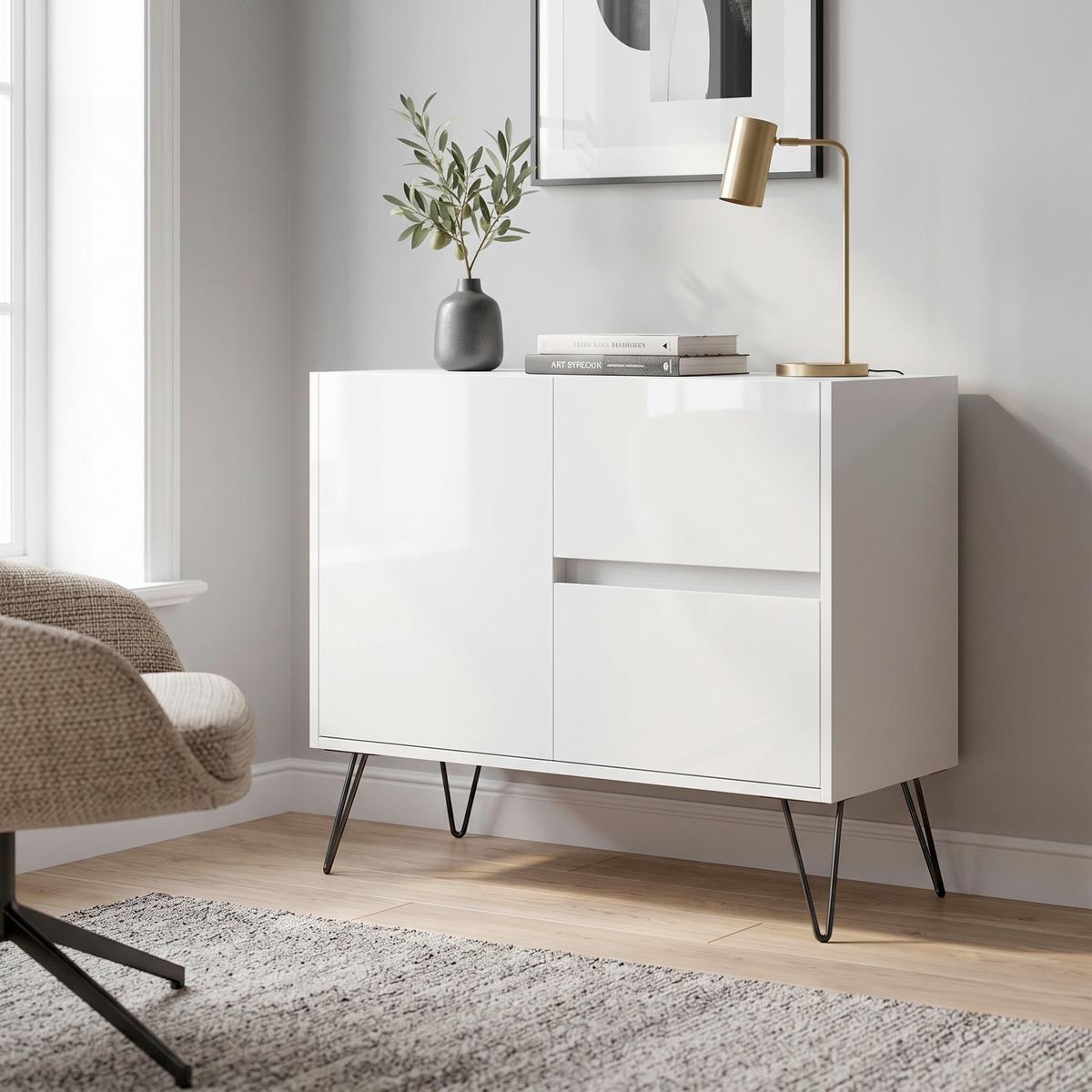 SIDEBOARD Posseik Industrial 79/75,8/42 cm 2 Schublade(n)  - Weiß Hochglanz/Schwarz, Design, Holzwerkstoff/Metall (79/75,8/42cm) - MID.YOU