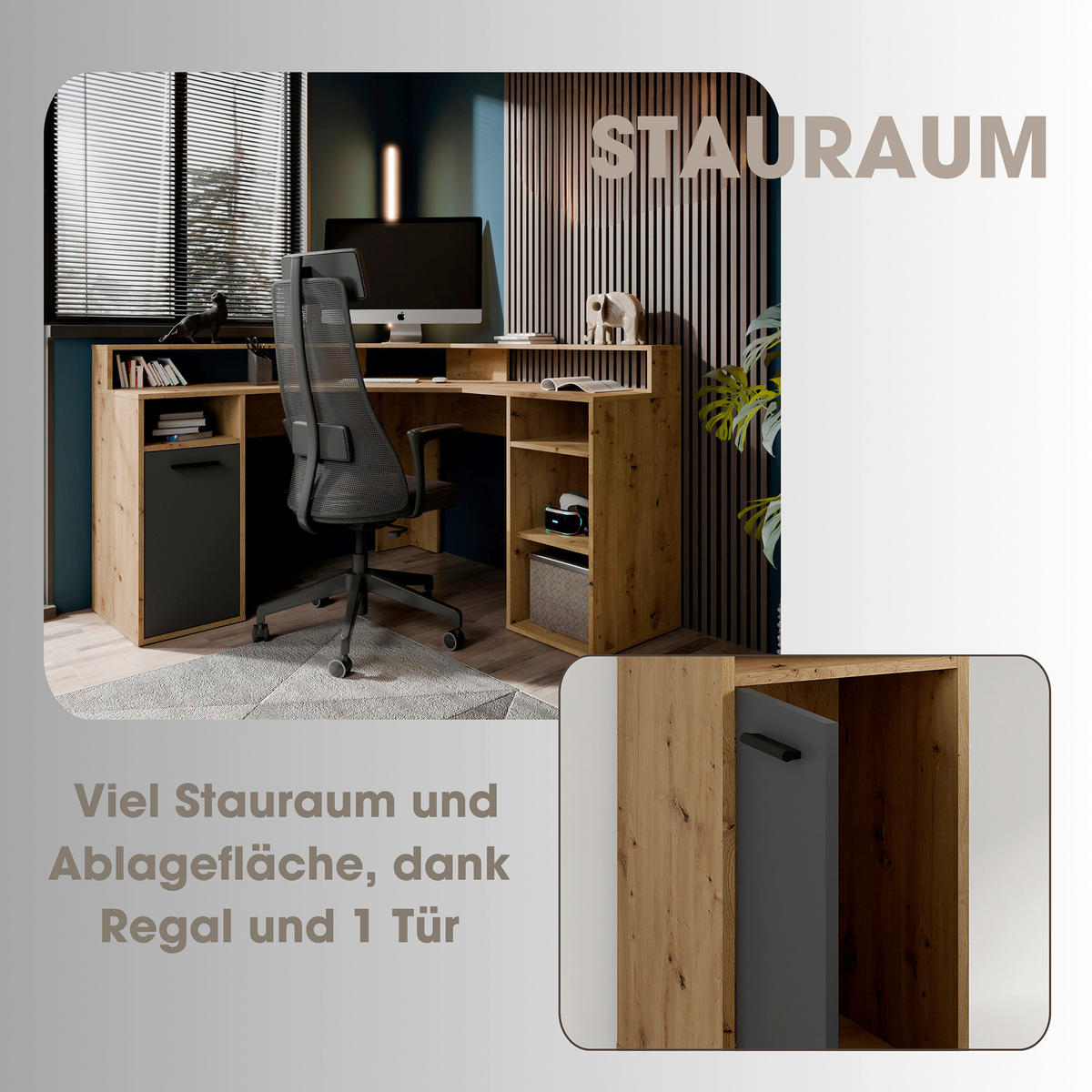 SCHREIBTISCH - Anthrazit/Eiche Artisan, MODERN, Holzwerkstoff/Kunststoff (139/139/90,8cm) - MID.YOU