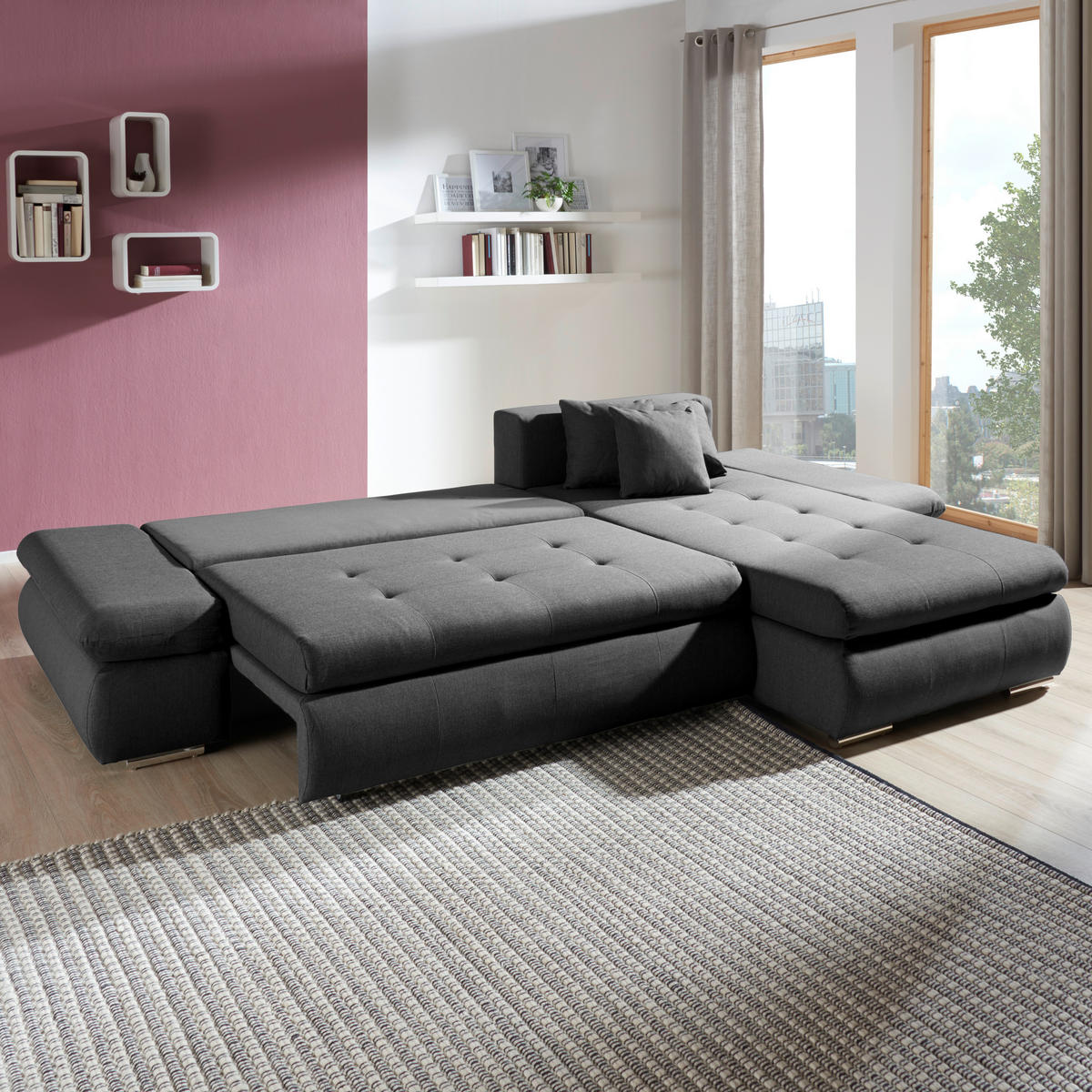 ECKSOFA Grau Webstoff  - Chromfarben/Grau, Design, Kunststoff/Textil (302/187cm) - Carryhome