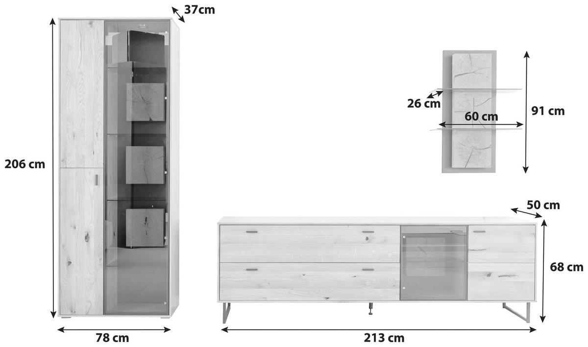 WOHNWAND  in Wildeiche 306/206/50 cm  - Wildeiche/Schwarz, Design, Glas/Holz (306/206/50cm) - MID.YOU