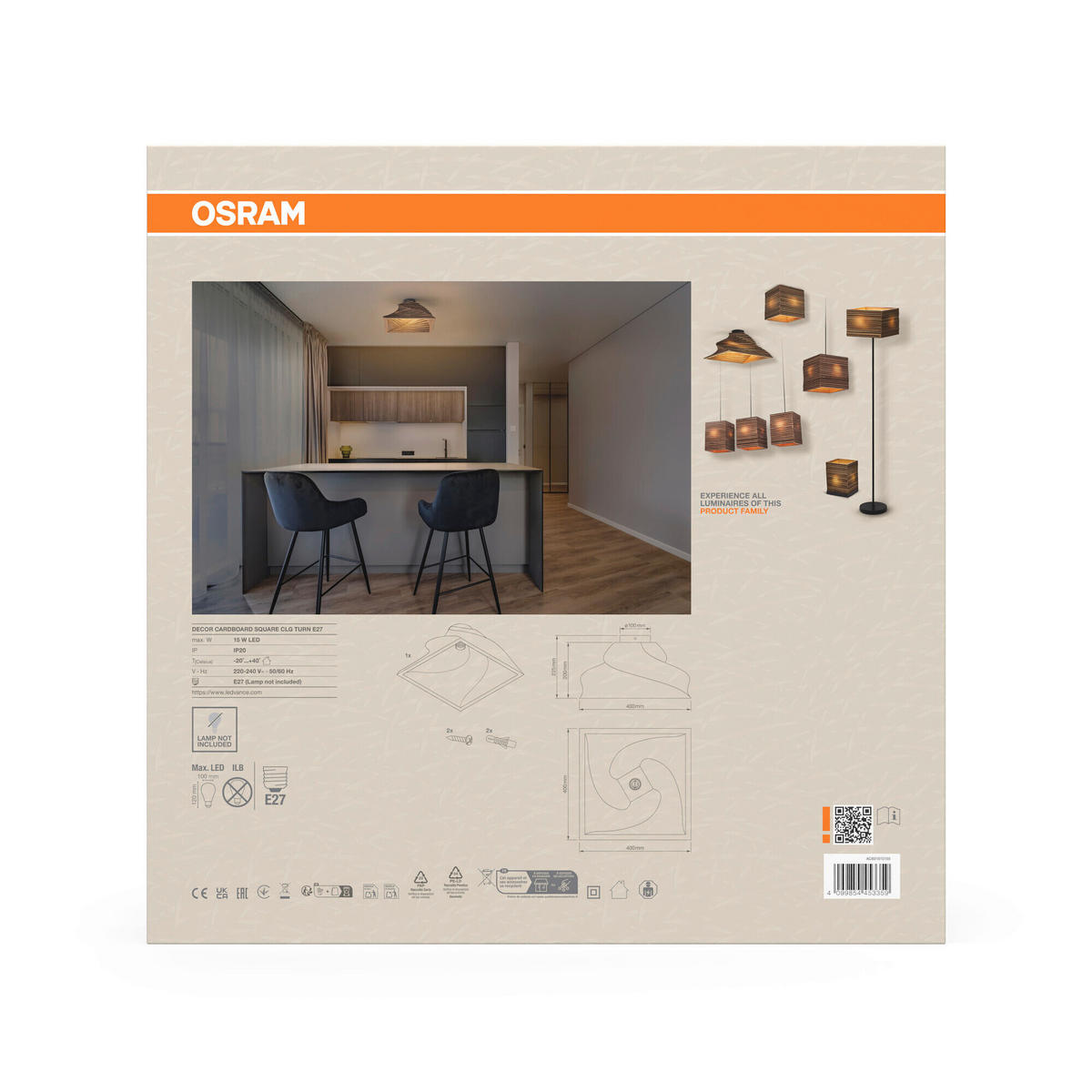 DECKENLEUCHTE Modern 40/40/22,5 cm    - Natur, Karton/Metall (40/40/22,5cm) - Osram