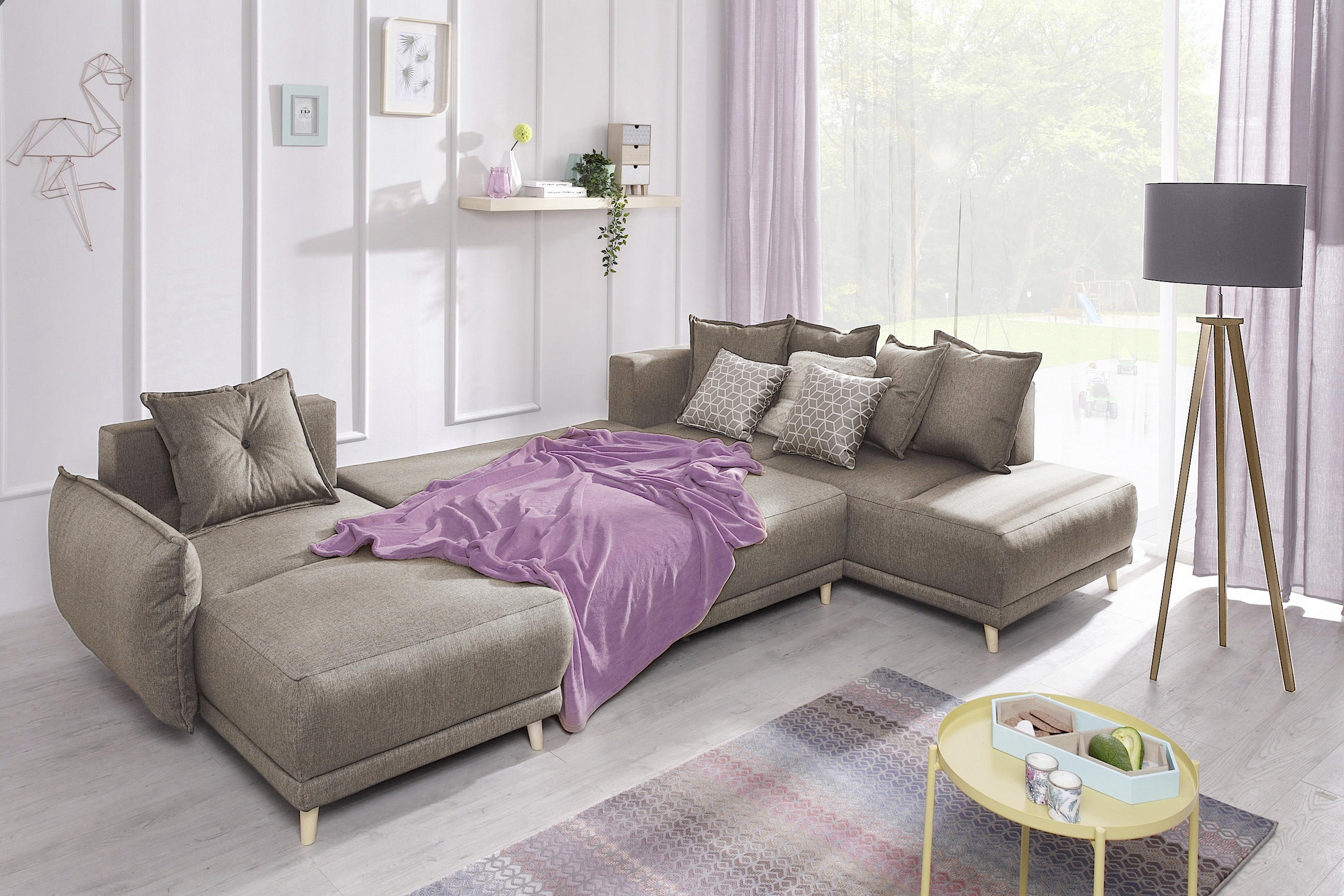 WOHNLANDSCHAFT Hellbraun Webstoff - Hellbraun/Kieferfarben, Basics, Holz/Textil (155/312/200cm) - MID.YOU