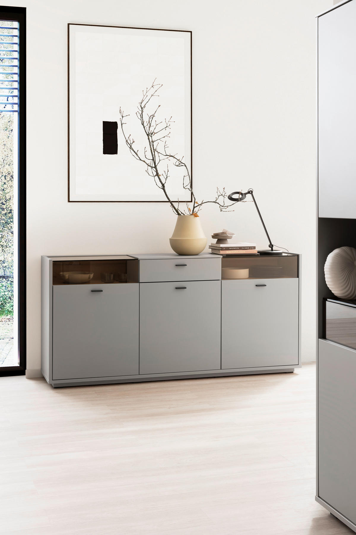 KOMODA     siva, boje hrasta  - siva/boje hrasta, Design, staklo/drvni materijal (185/88cm) - Stylife