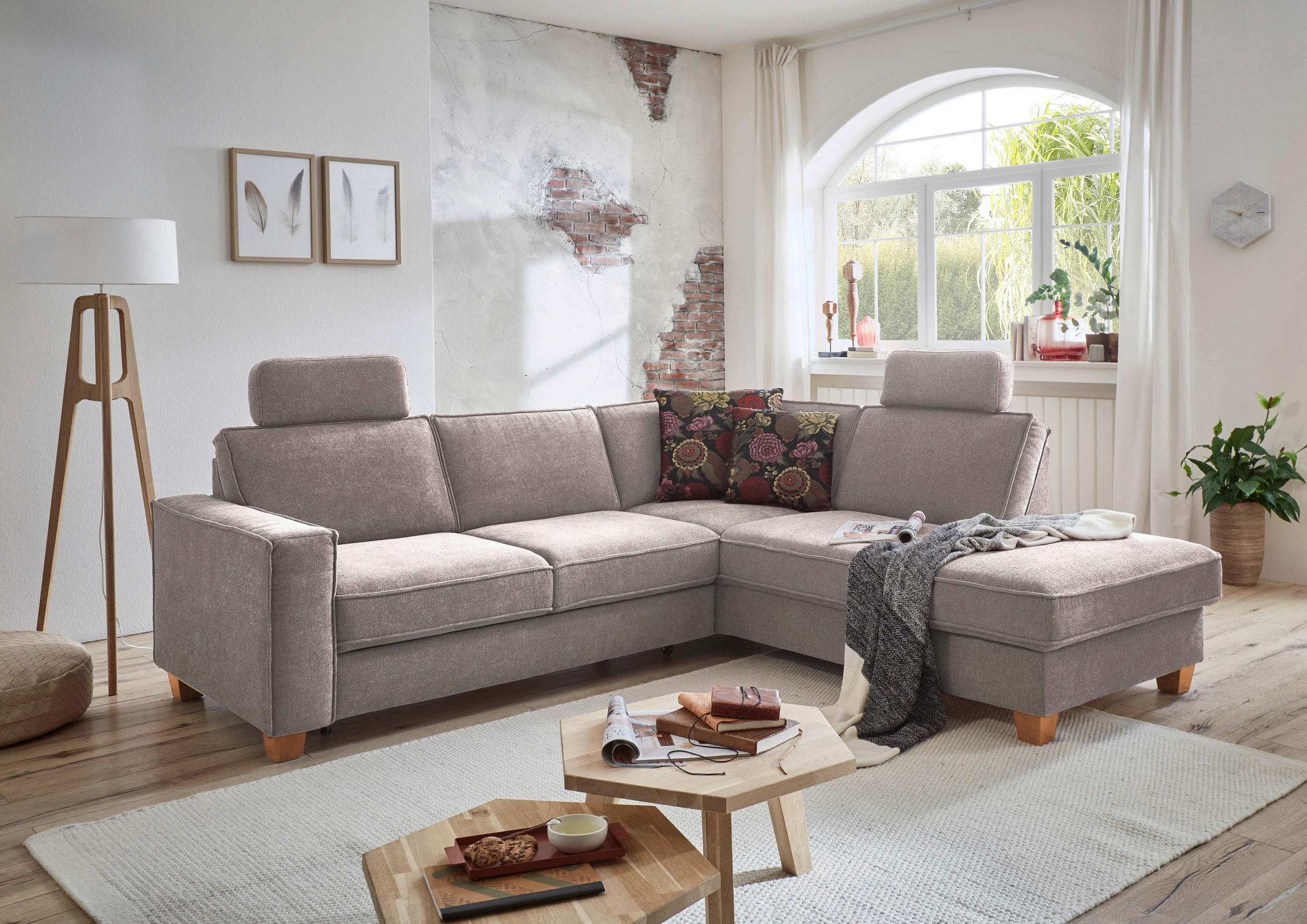 ECKSOFA Taupe Flachgewebe Kopfstütze  - Taupe/Eichefarben, KONVENTIONELL, Holz/Textil (236/213cm) - Sit & More