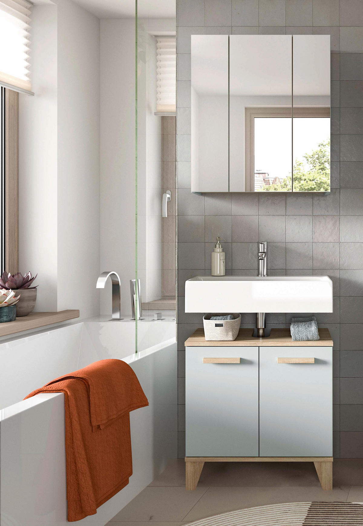 BADEZIMMER 2-teilig 60 cm  - Eiche San Remo/Graugrün, Modern, Holzwerkstoff/Kunststoff (60cm) - MID.YOU