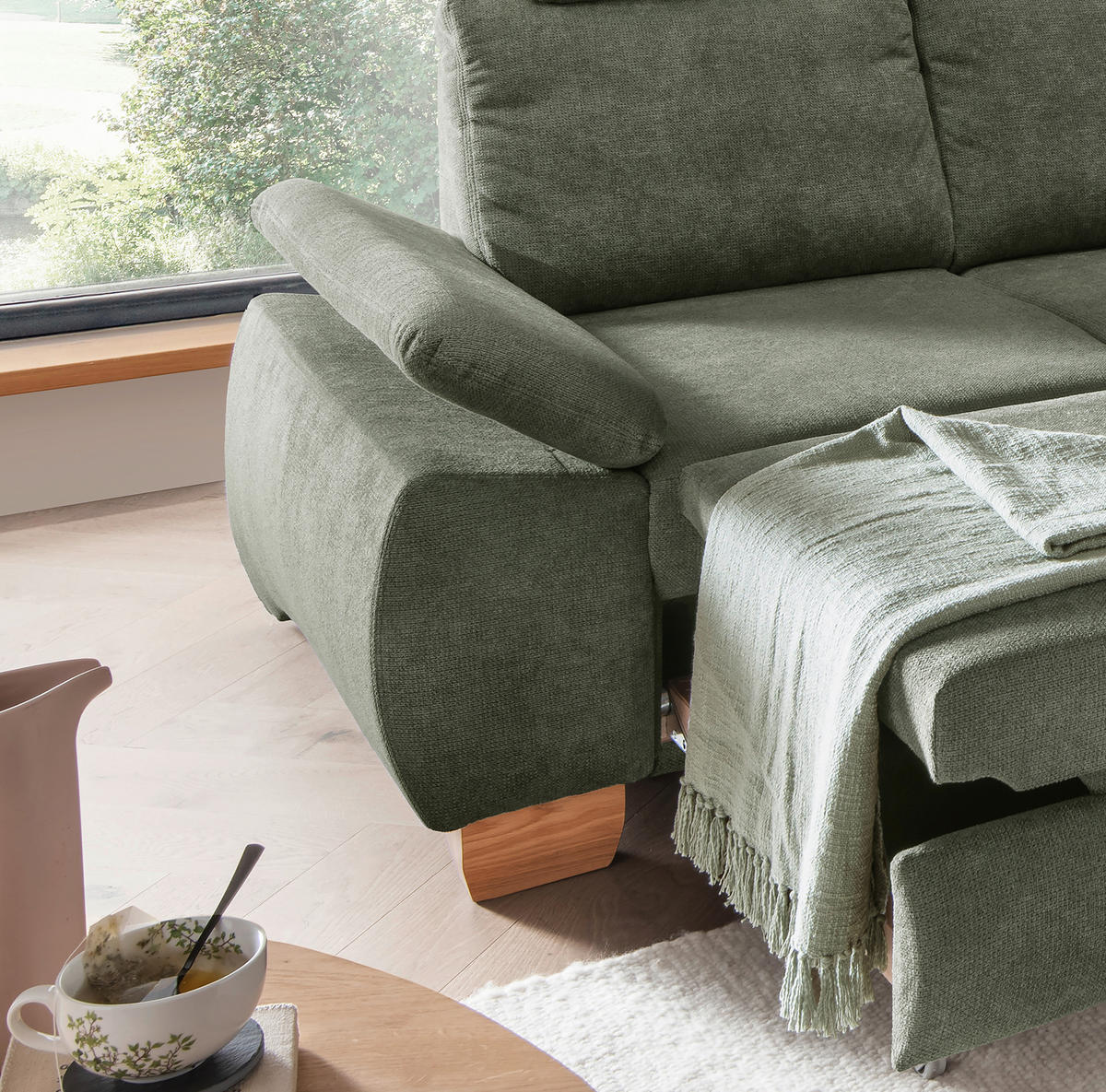 ECKSCHLAFSOFA Chenille Dunkelgrün  - Wildeiche/Dunkelgrün, MODERN, Holz/Textil (261/206cm) - Livetastic