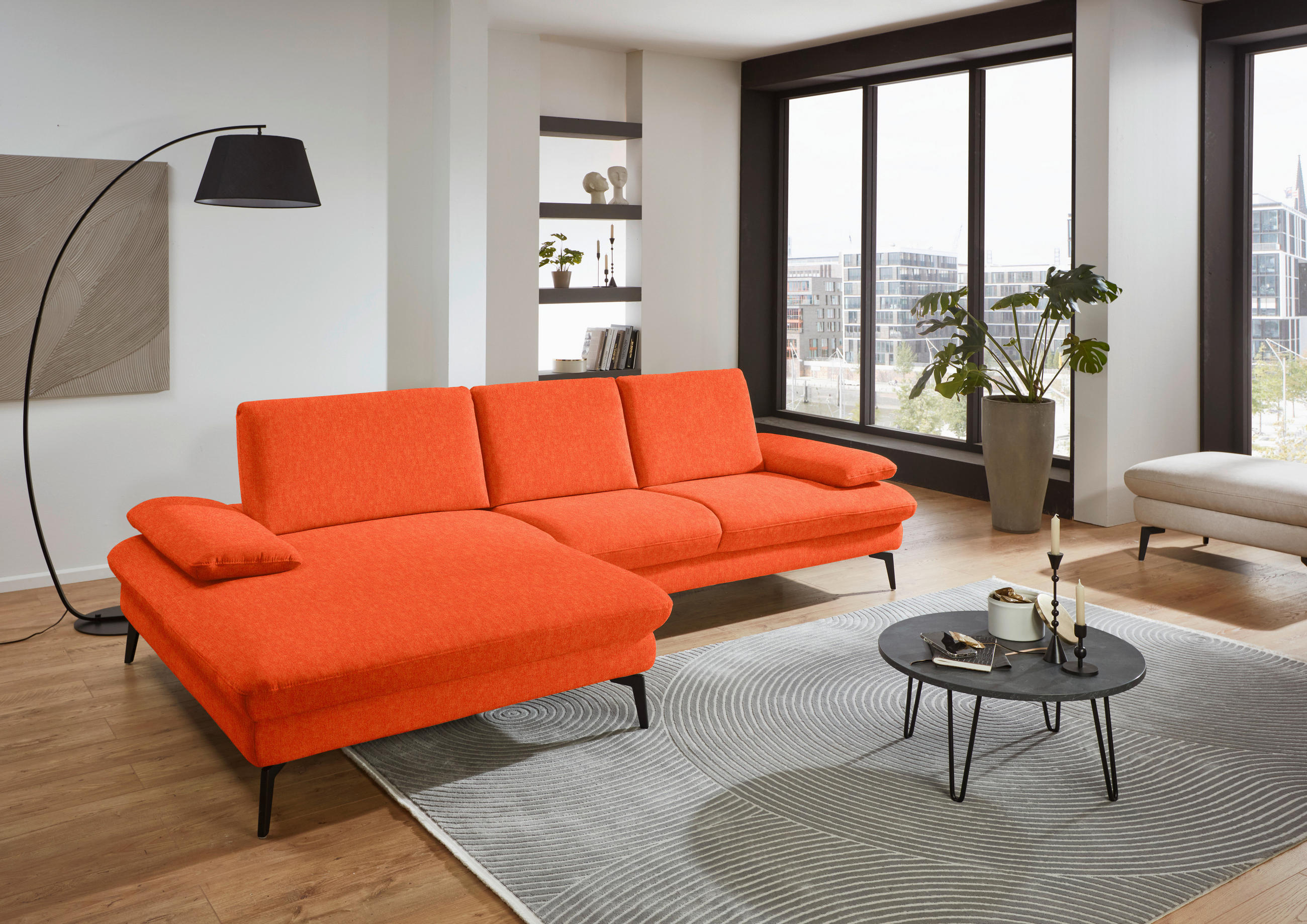ECKSOFA in Chenille, Mikrofaser Orange  - Schwarz/Orange, Design, Textil/Metall (157/299cm) - Dieter Knoll