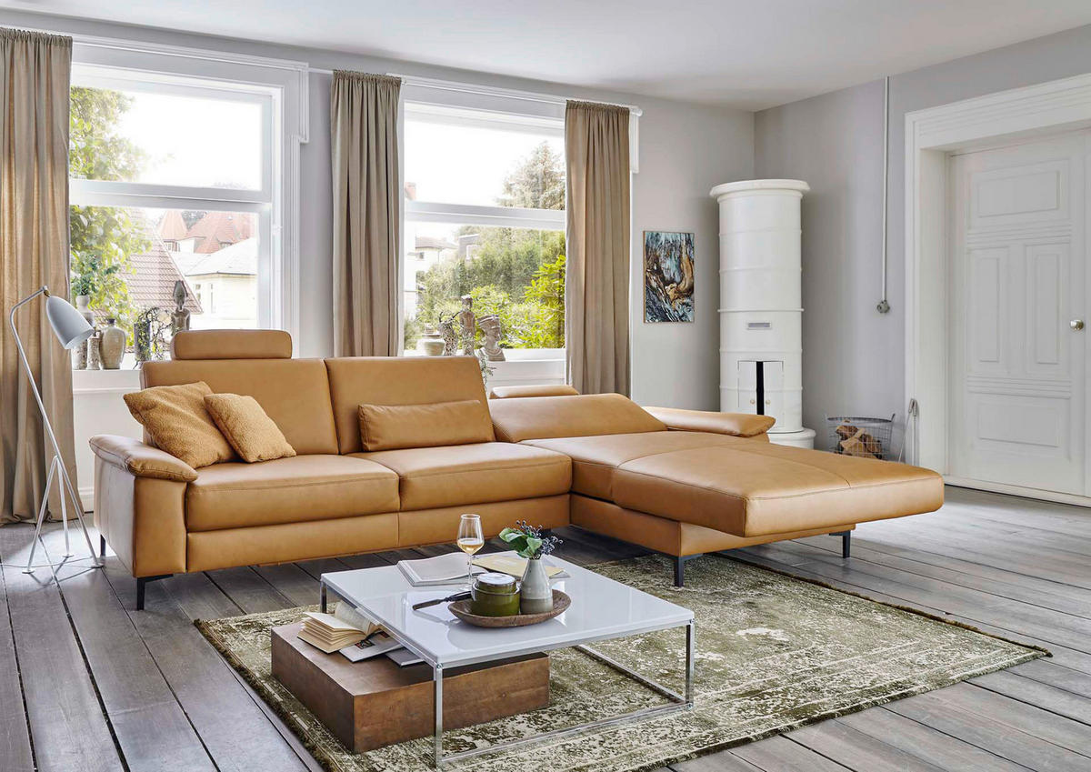 ECKSOFA Latina Plus Currygelb Echtleder  - Currygelb/Schwarz, Design, Leder/Metall (334/175cm) - Dieter Knoll