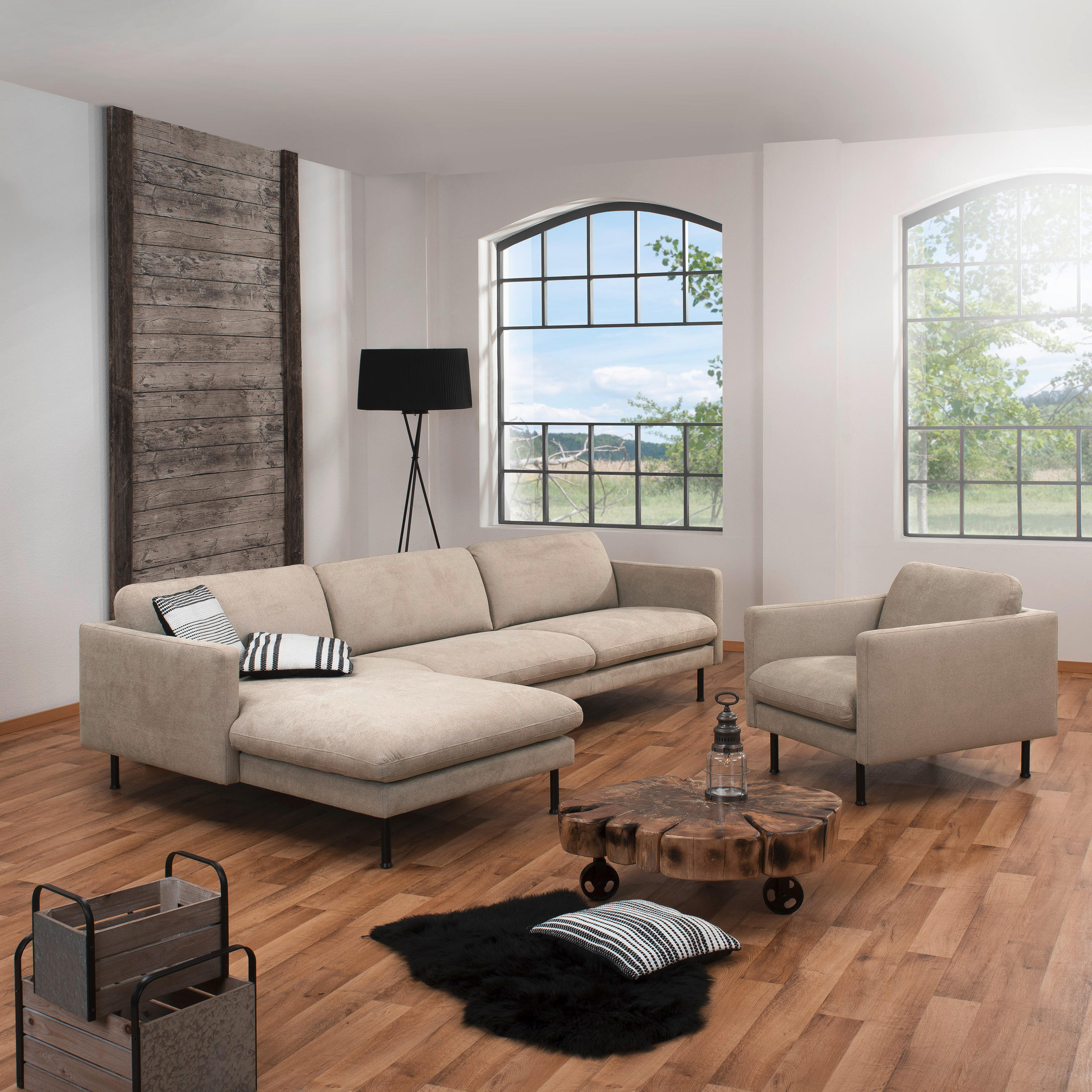 ECKSOFA Beige Flachgewebe  - Beige/Schwarz, MODERN, Textil/Metall (286/78/160cm) - Max Winzer