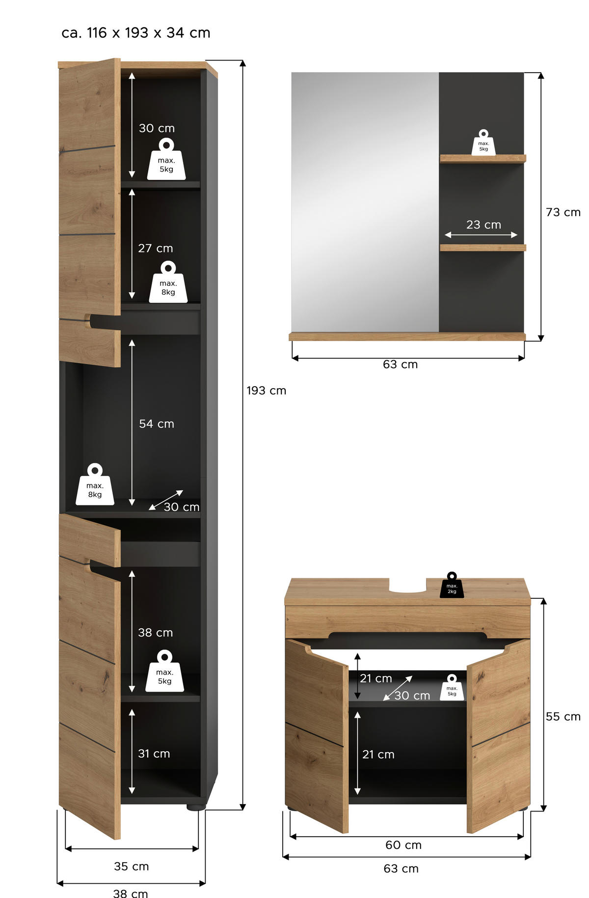 KÚPEĽŇA dub artisan  - čierna/dub artisan, Modern, kompozitné drevo/sklo (101cm) - MID.YOU