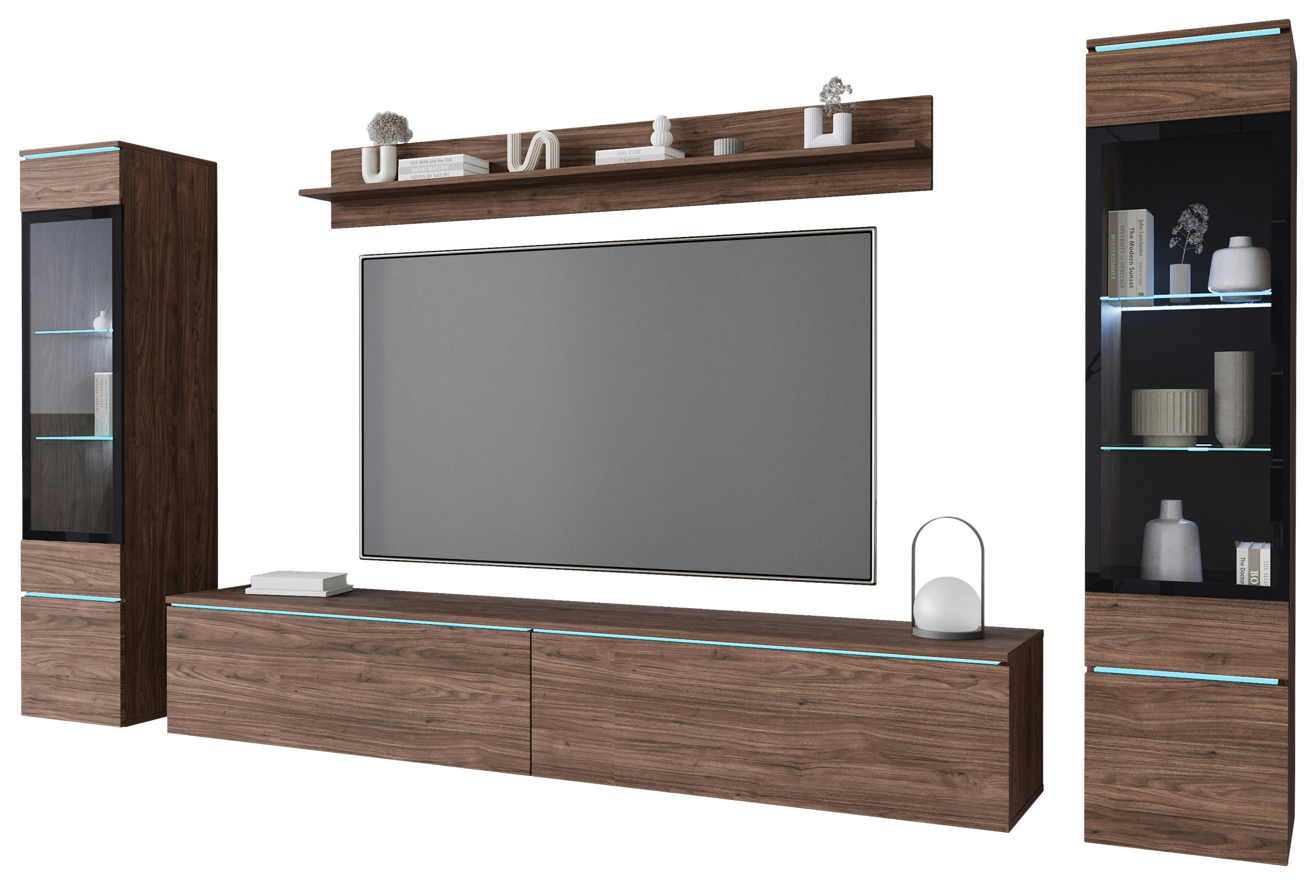 Set Mobilă Living, 4 piese, culoare lemn de nuc, 240/130/33 cm - culoare lemn de nuc/gri, Lifestyle, plastic/sticlă (240/130/33cm) - P & B