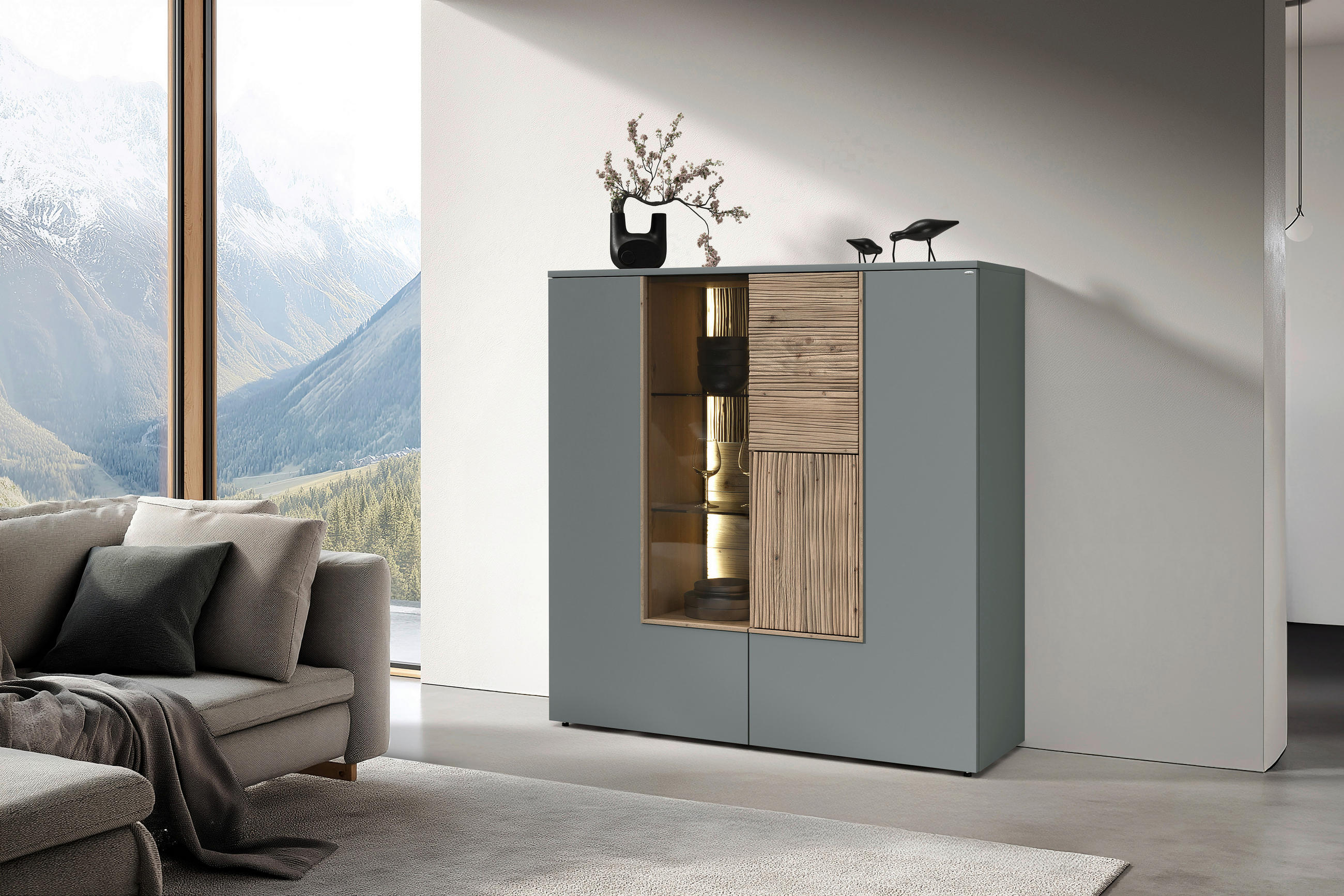 HIGHBOARD Wildeiche, Graugrün  127,9/132/42,9 cm  - Wildeiche/Graugrün, Design, Glas/Holz (127,9/132/42,9cm) - Voglauer