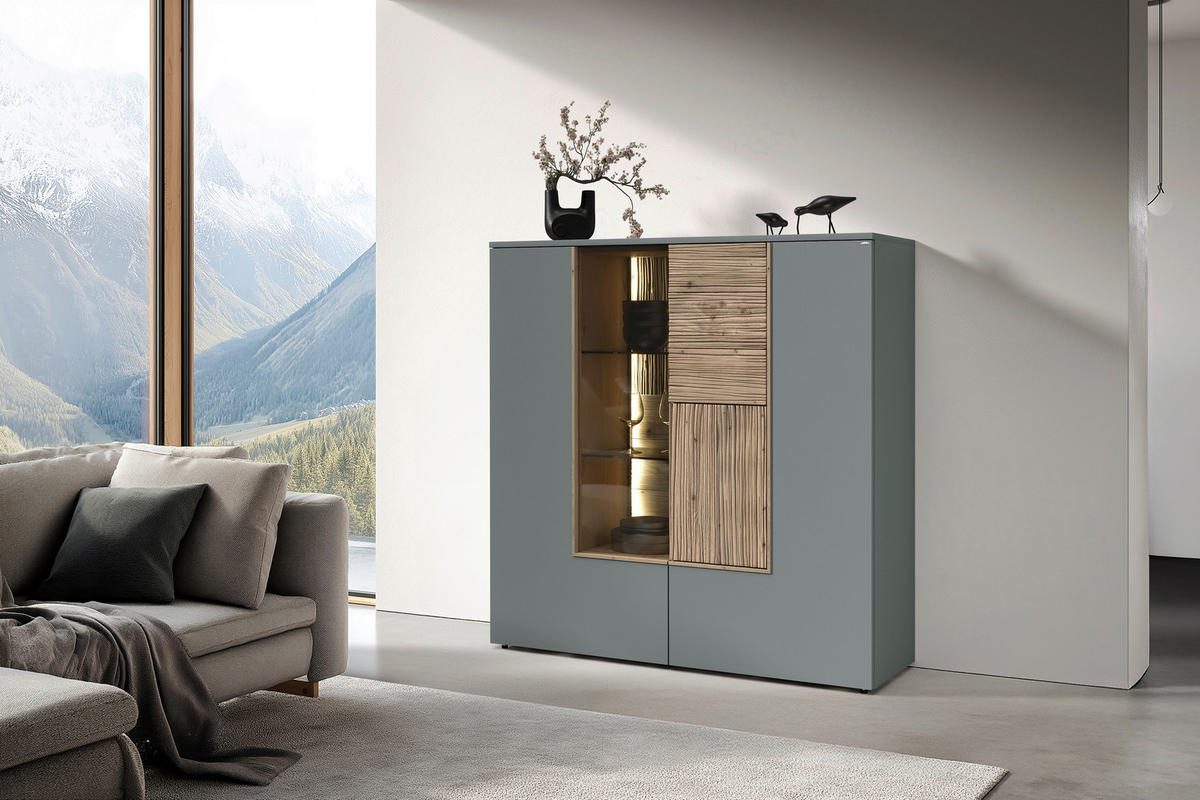 HIGHBOARD Wildeiche, Graugrün  127,9/132/42,9 cm  - Wildeiche/Graugrün, Design, Glas/Holz (127,9/132/42,9cm) - Voglauer