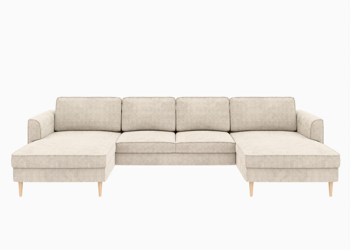 WOHNLANDSCHAFT Creme Cord  - Buchefarben/Creme, MODERN, Holz/Textil (161/306/161cm) - Trendmanufaktur