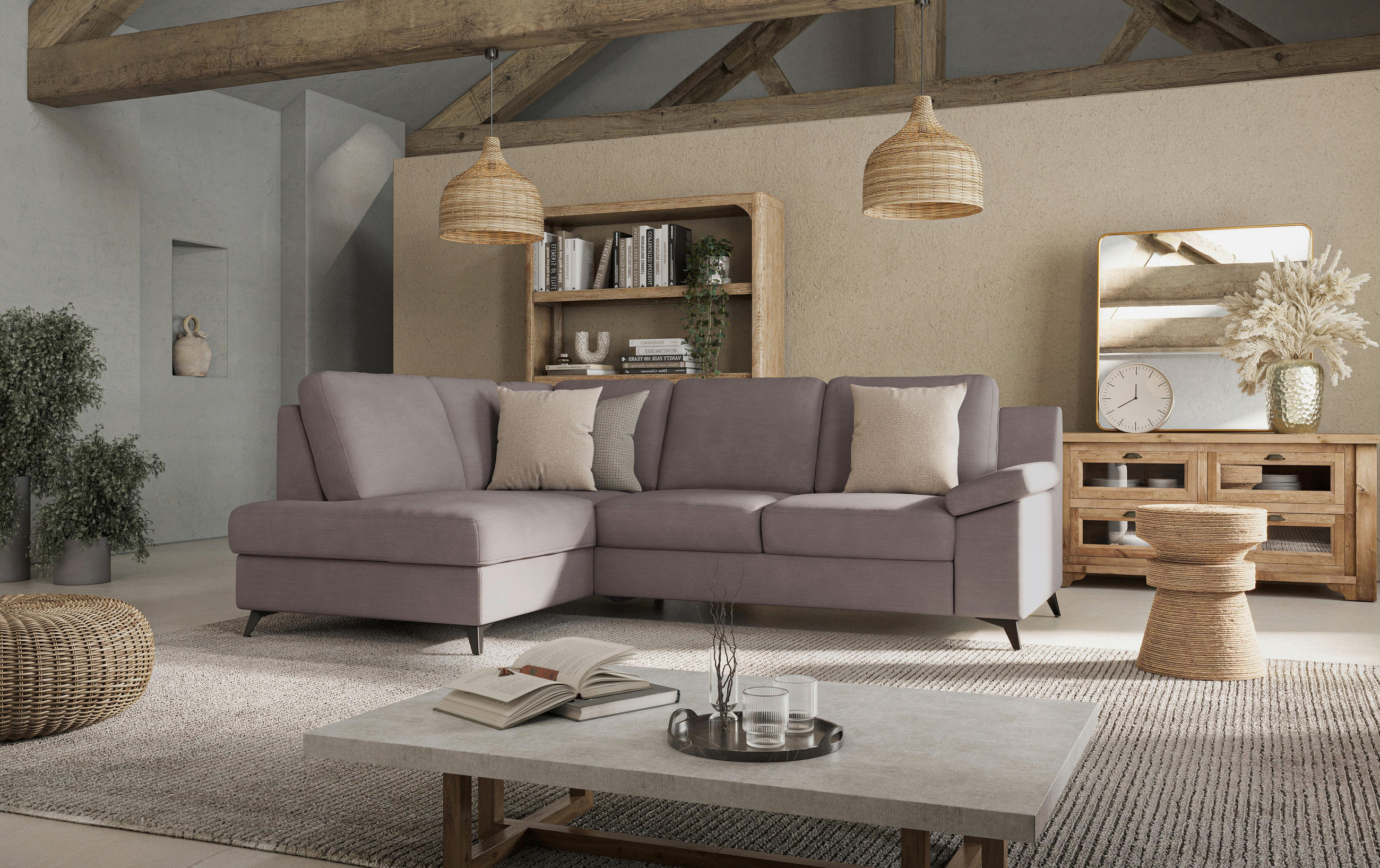 ECKSOFA in Flachgewebe Taupe  - Taupe/Schwarz, Konventionell, Textil/Metall (170/242cm) - Cotta