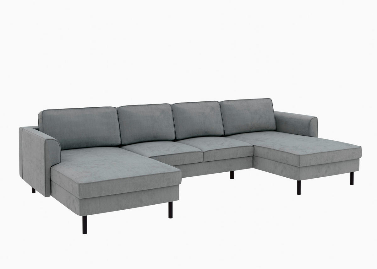 WOHNLANDSCHAFT Dunkelgrau Cord  - Dunkelgrau/Schwarz, MODERN, Textil/Metall (161/306/161cm) - Trendmanufaktur